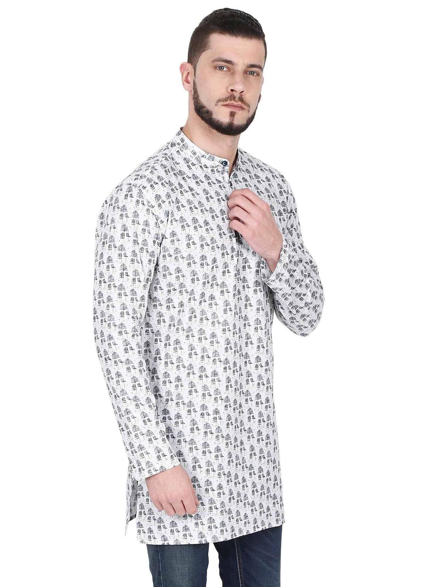 Guniaa White Digital Printed Giza Cotton Long Kurta - Guniaa Fashions