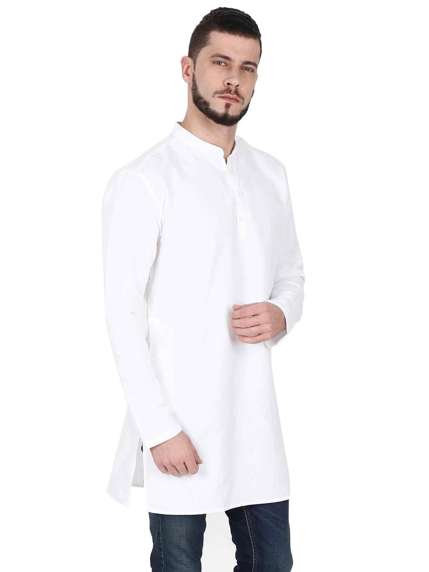 Guniaa White Solid Giza Cotton Long Kurta - Guniaa Fashions