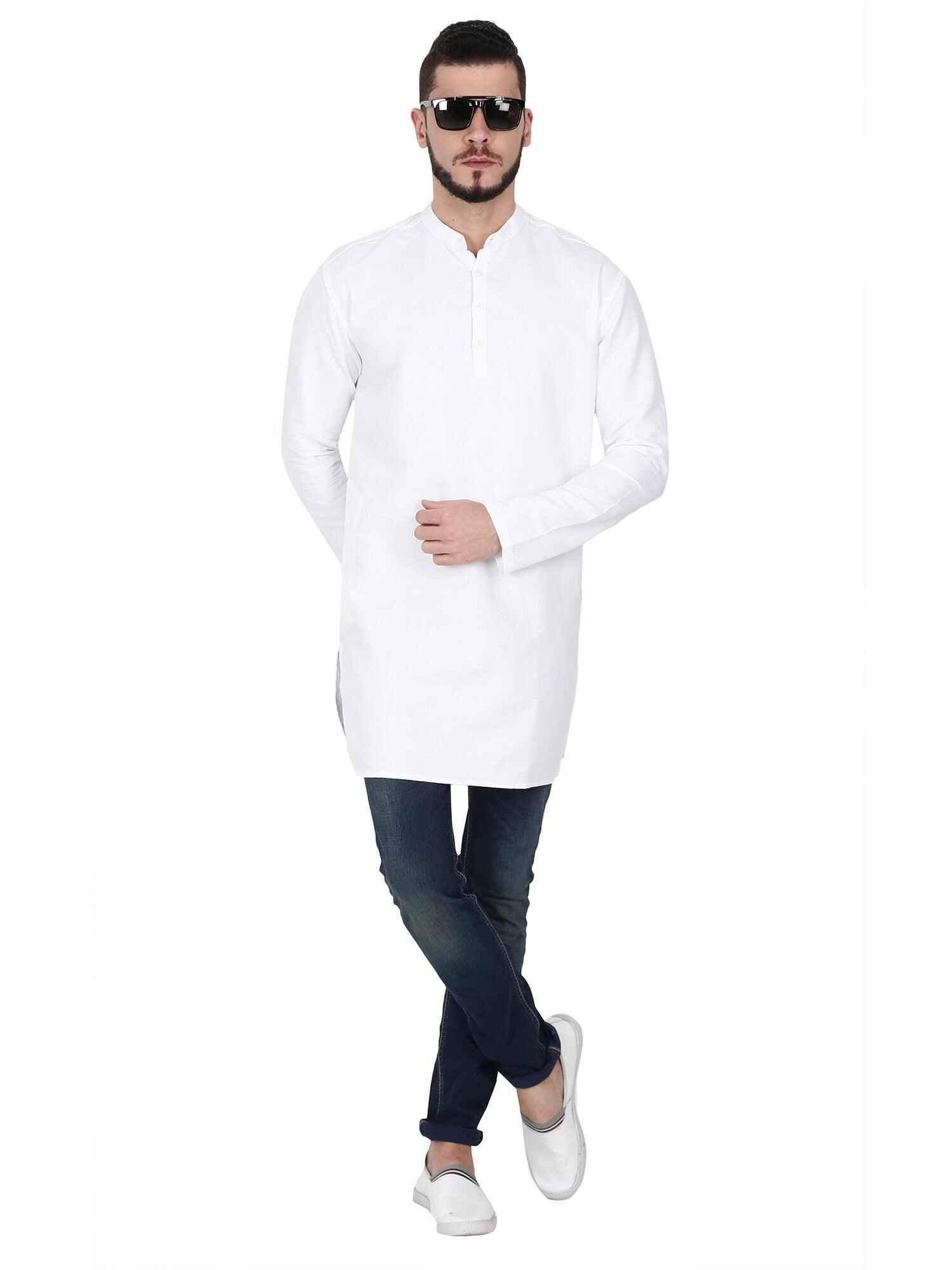 Guniaa White Solid Giza Cotton Long Kurta - Guniaa Fashions