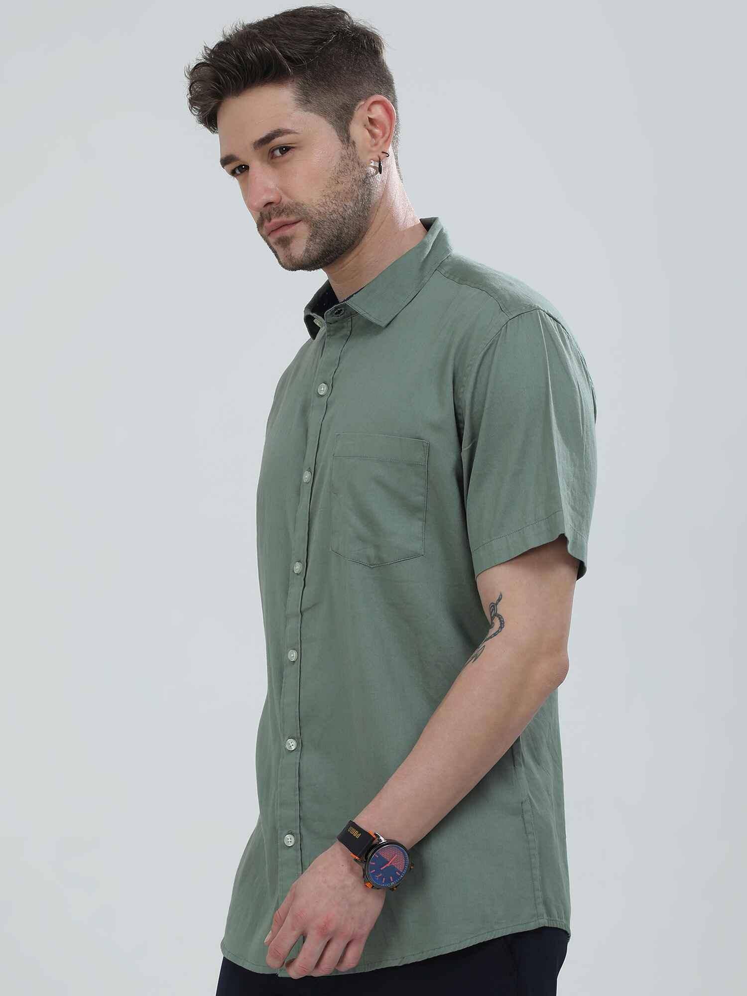 Hunter Green Solid Half Sleeve Shirt - Guniaa Fashions