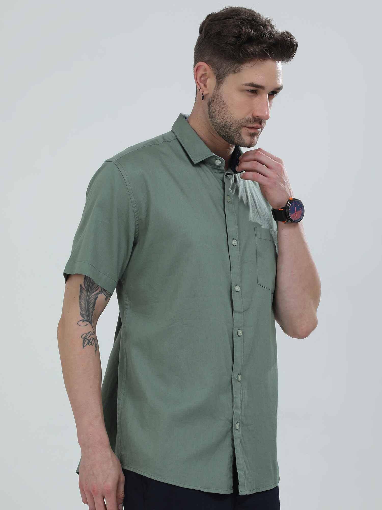 Hunter Green Solid Half Sleeve Shirt - Guniaa Fashions