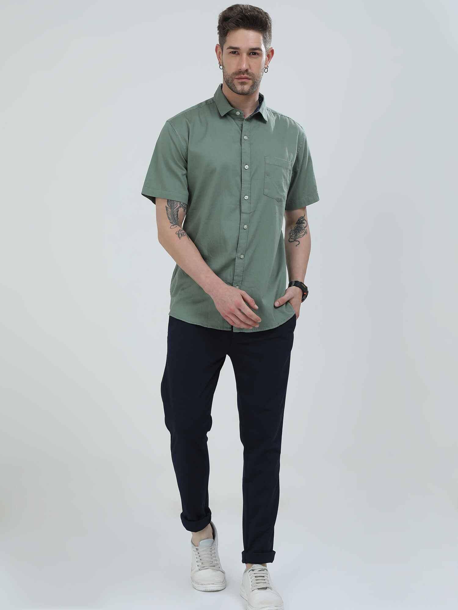 Hunter Green Solid Half Sleeve Shirt - Guniaa Fashions