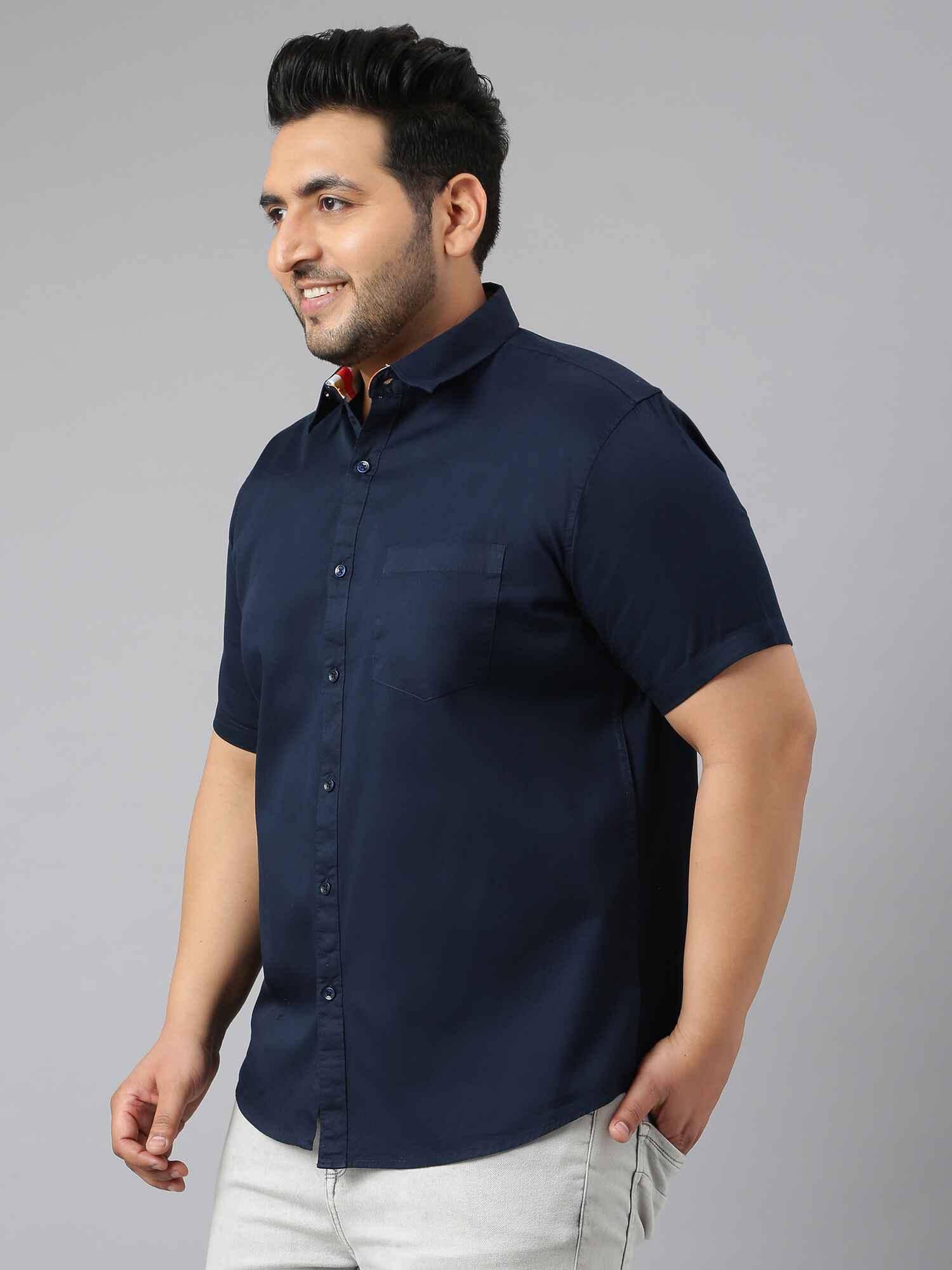 Indigo Blue Pure Cotton Half Sleeve Shirt Men's Plus Size - Guniaa Fashions