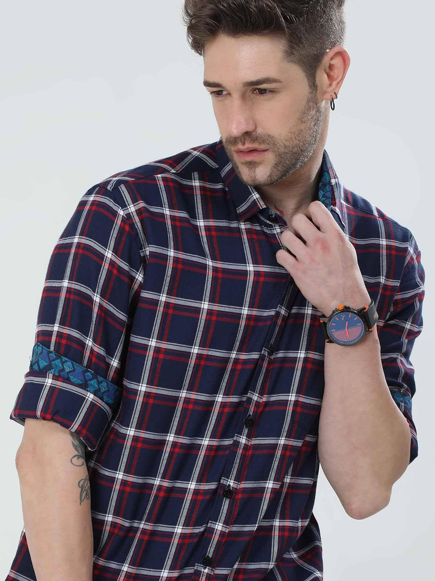 Indigo Checkered Cotton Shirt - Guniaa Fashions