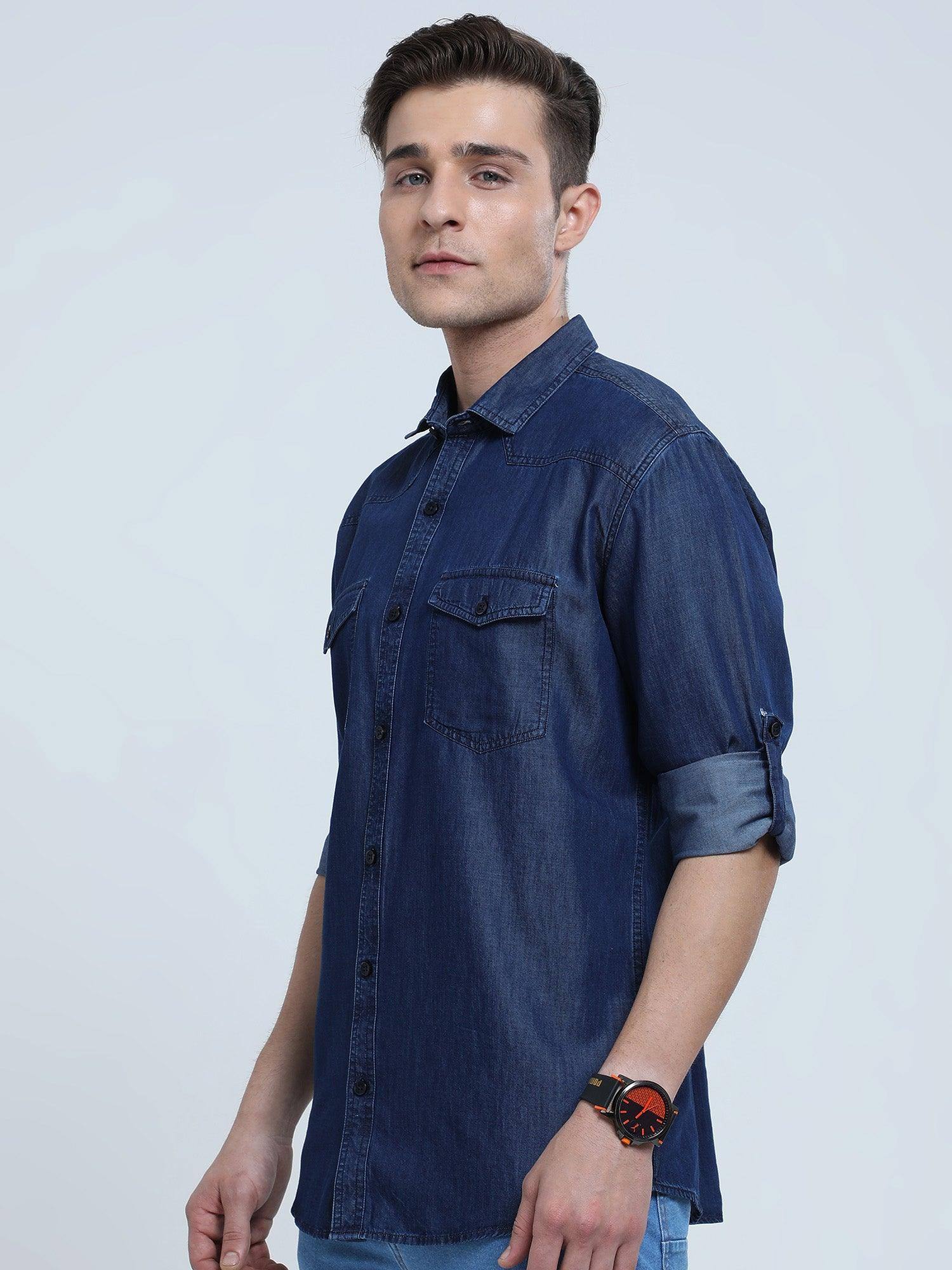 Indigo Denim Double Pocket Full Sleeve Shirt - Guniaa Fashions