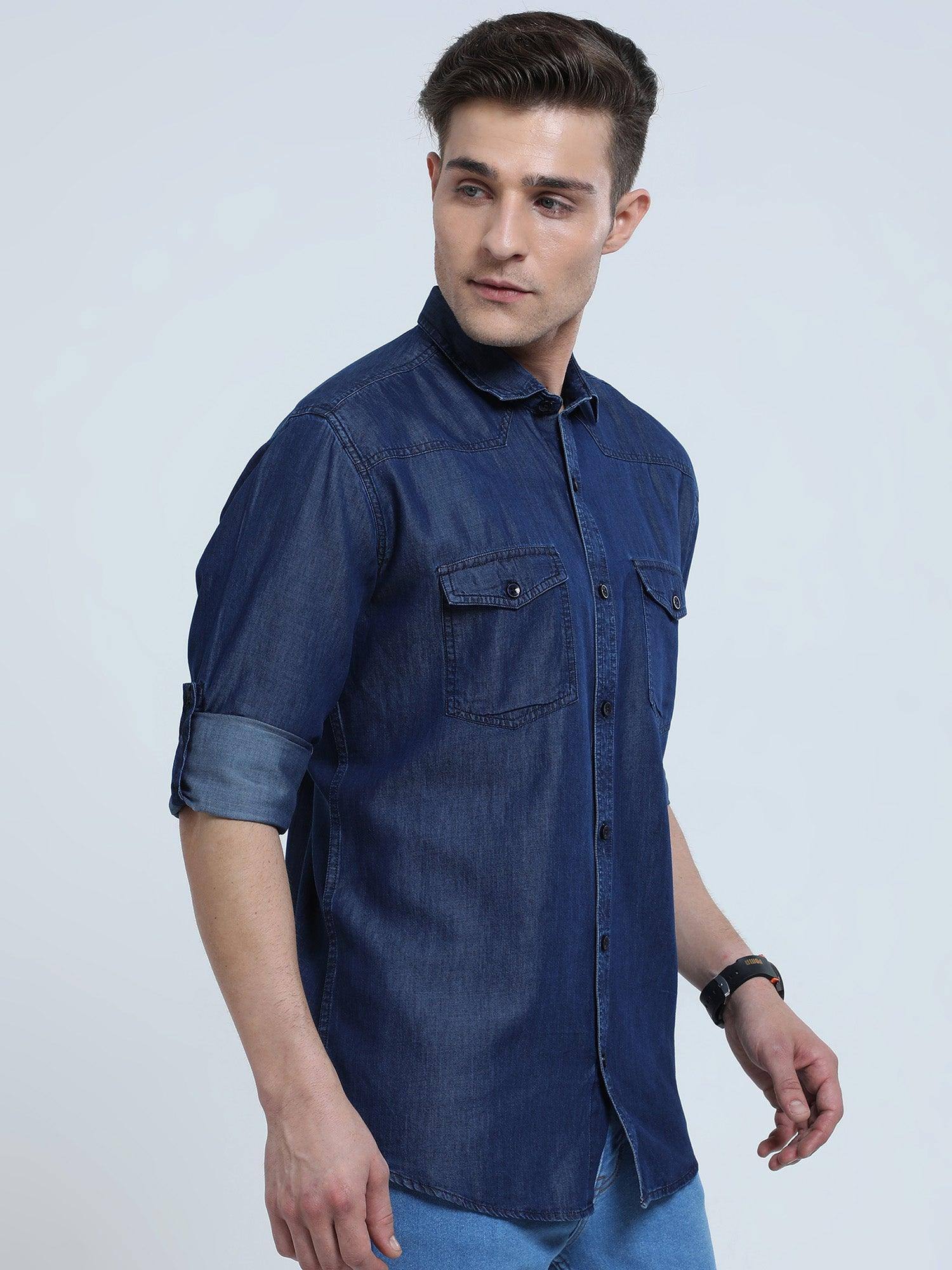 Indigo Denim Double Pocket Full Sleeve Shirt - Guniaa Fashions