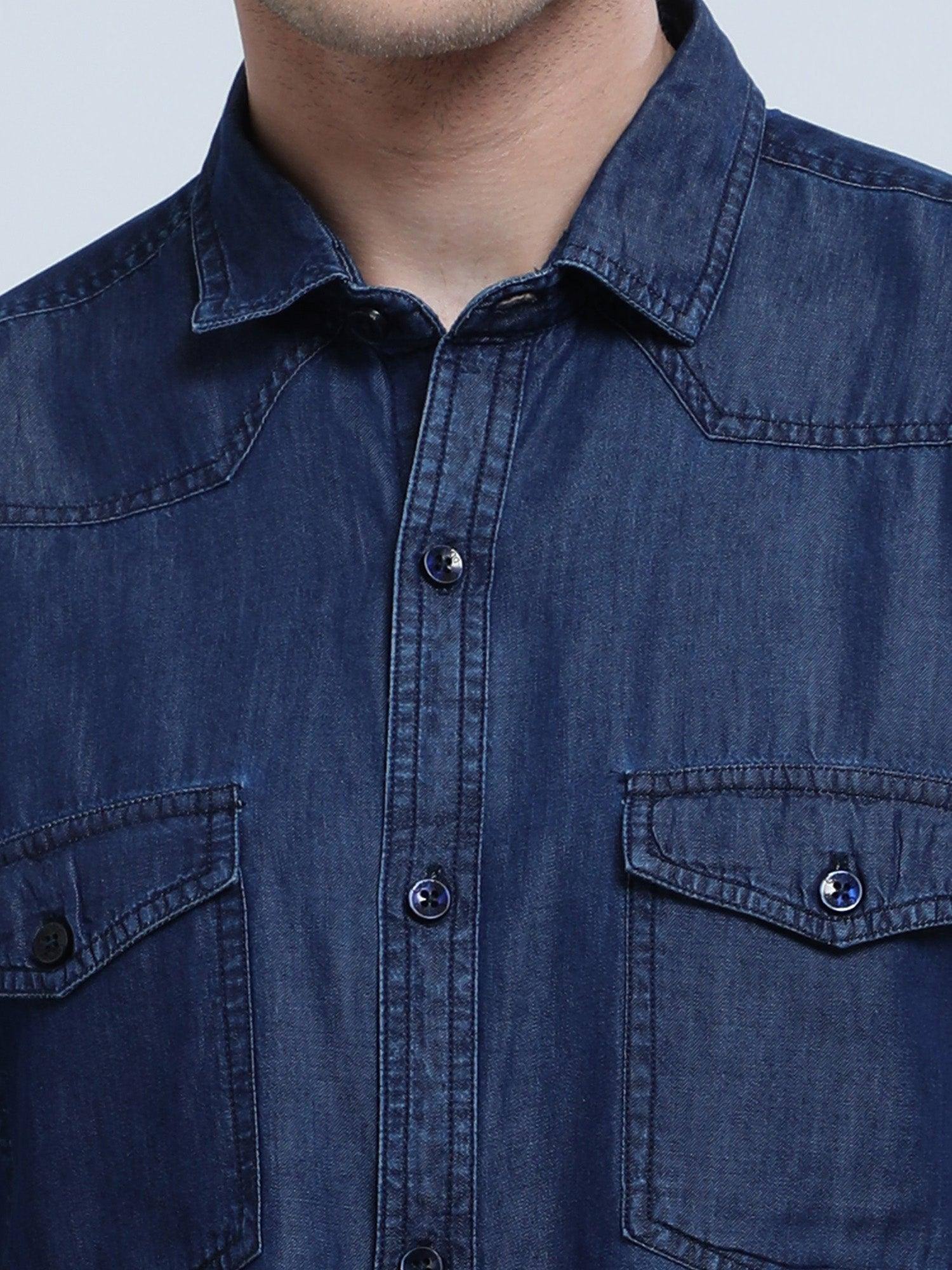 Indigo Denim Double Pocket Full Sleeve Shirt - Guniaa Fashions