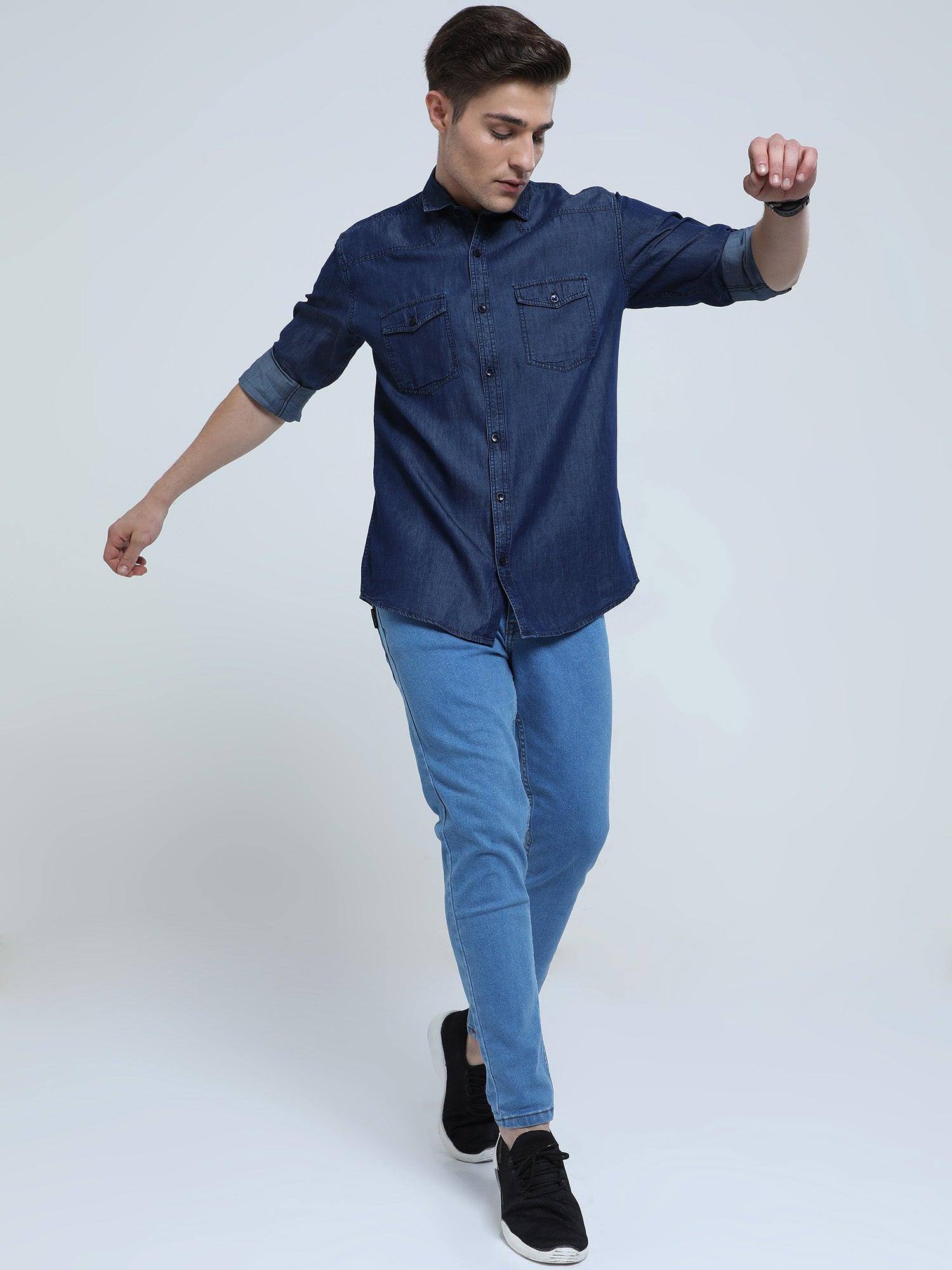 Indigo Denim Double Pocket Full Sleeve Shirt - Guniaa Fashions