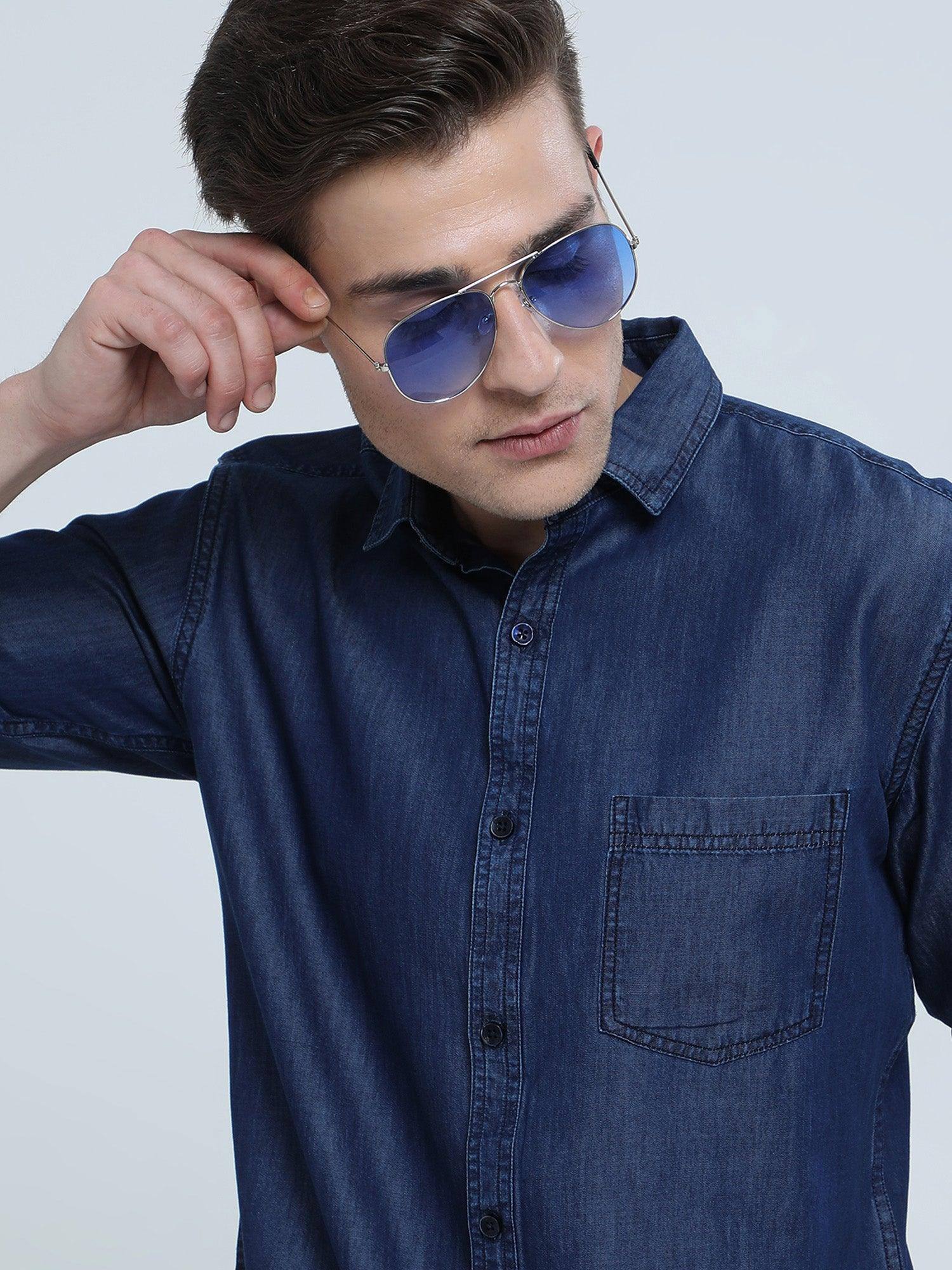 Indigo Denim Single Pocket Full Sleeve Shirt - Guniaa Fashions