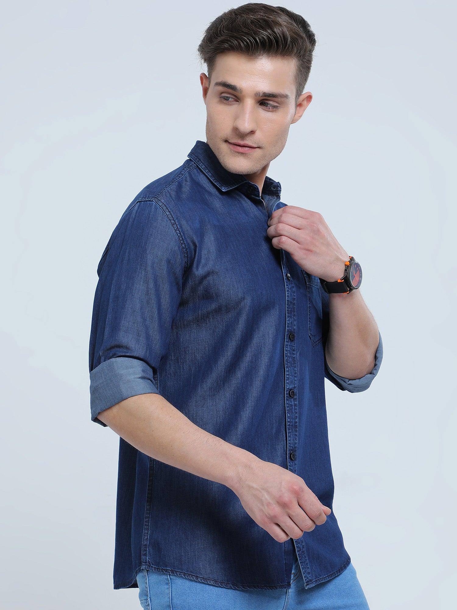 Indigo Denim Single Pocket Full Sleeve Shirt - Guniaa Fashions