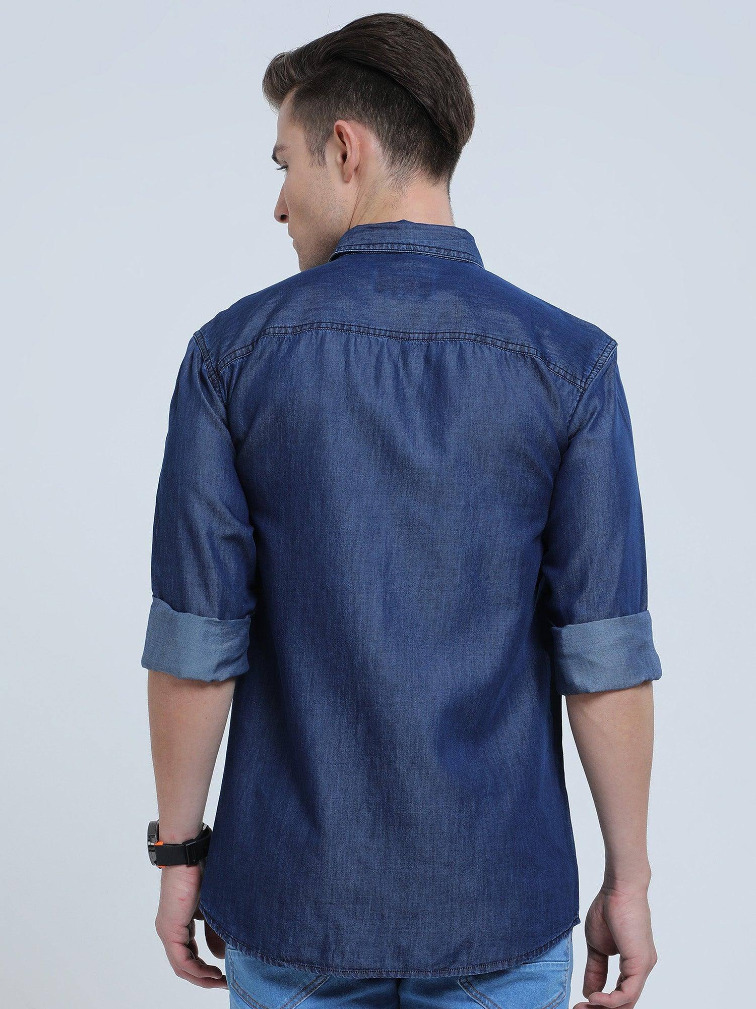 Indigo Denim Single Pocket Full Sleeve Shirt - Guniaa Fashions