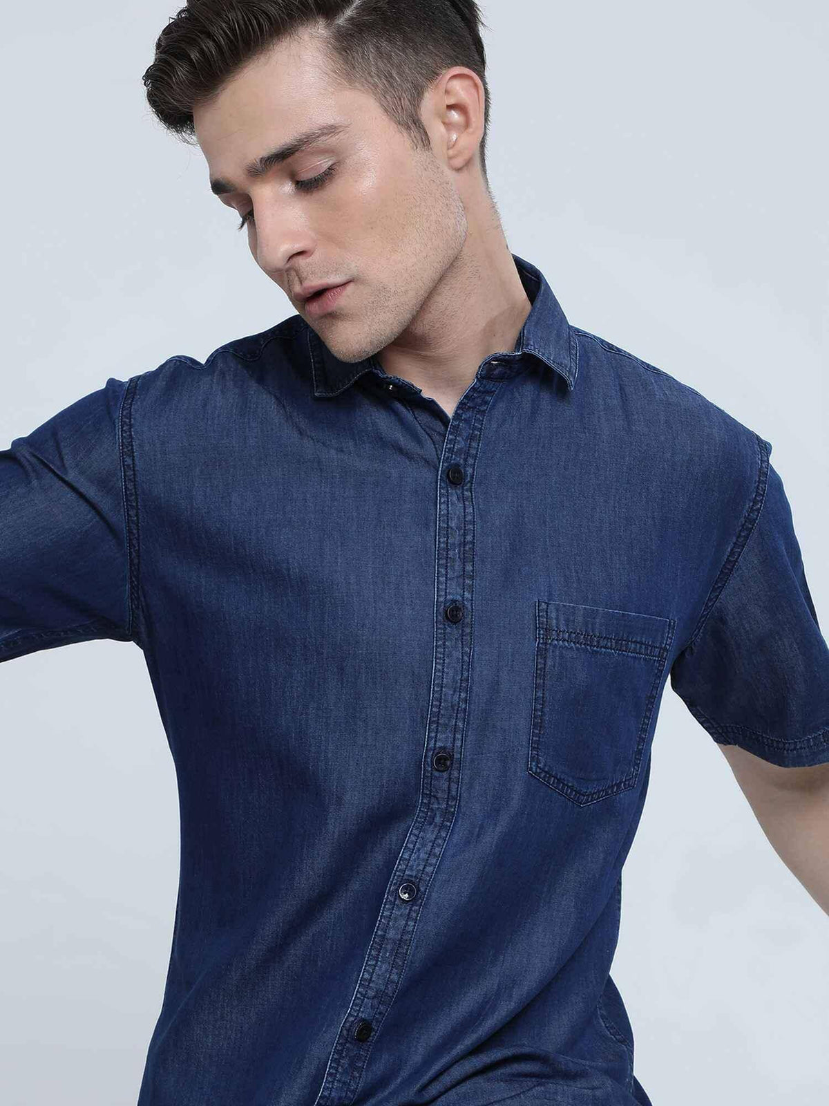Indigo Denim Single Pocket Half Sleeve Shirt - Guniaa Fashions