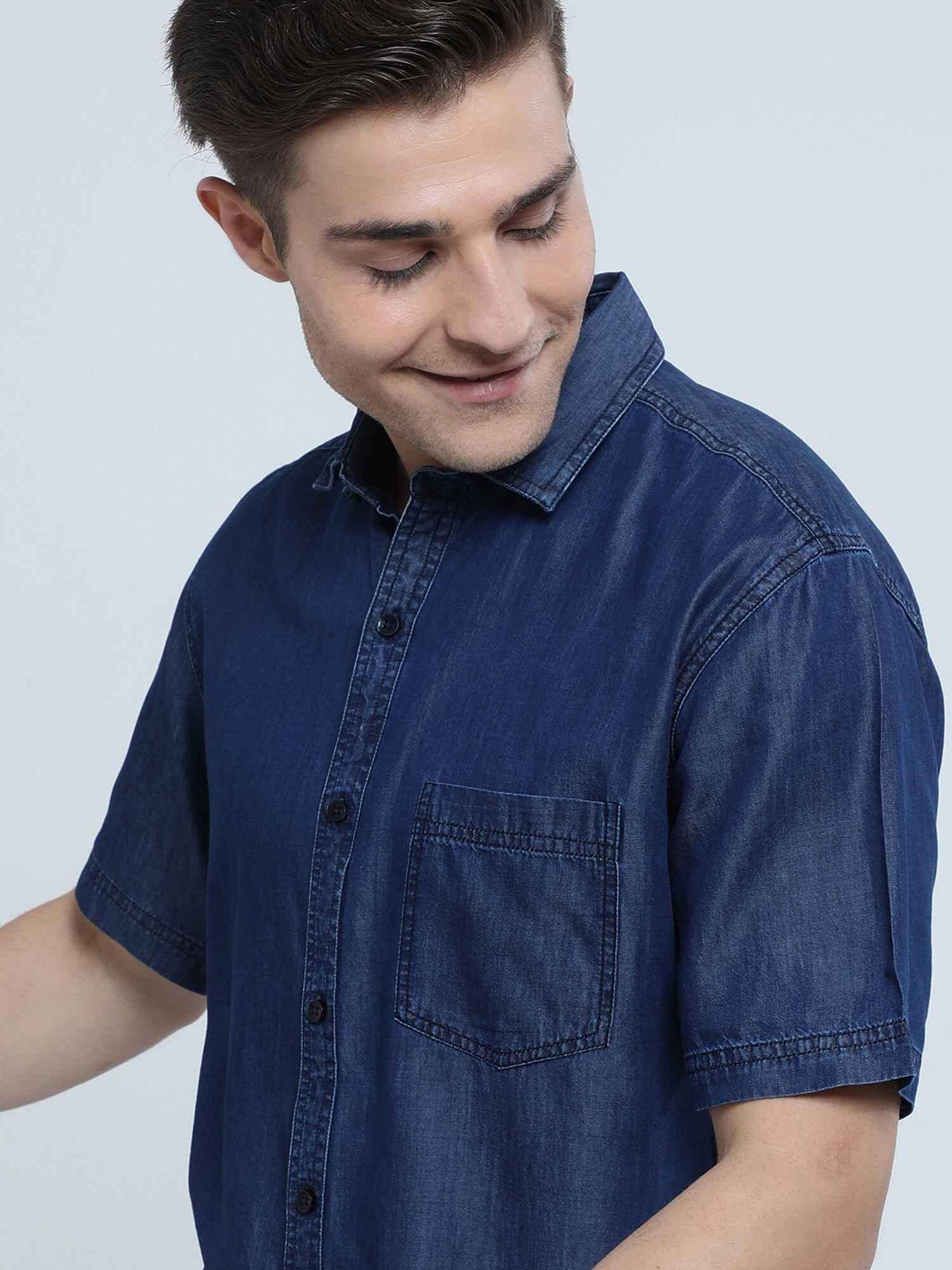 Indigo Denim Single Pocket Half Sleeve Shirt - Guniaa Fashions