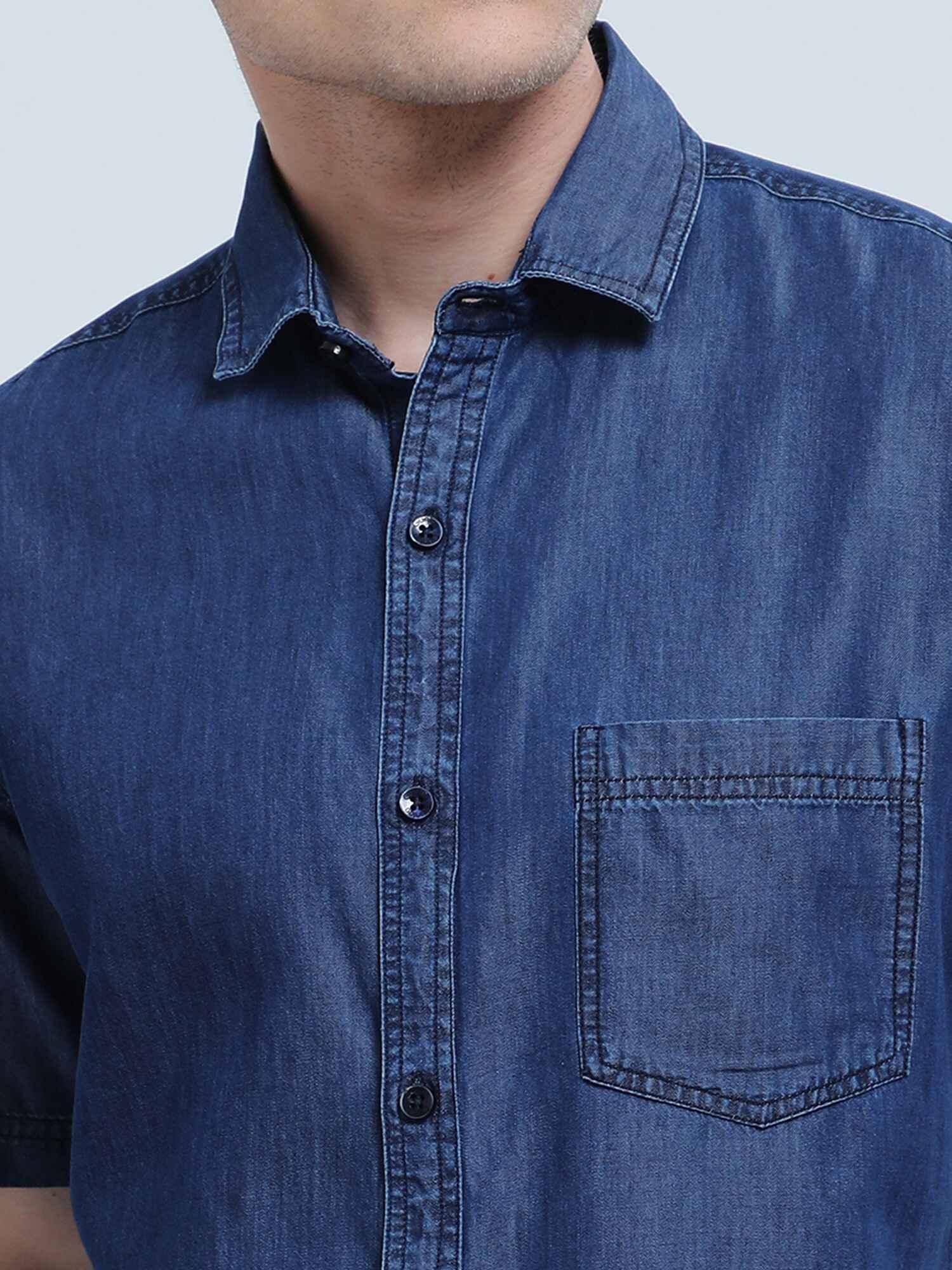 Indigo Denim Single Pocket Half Sleeve Shirt - Guniaa Fashions