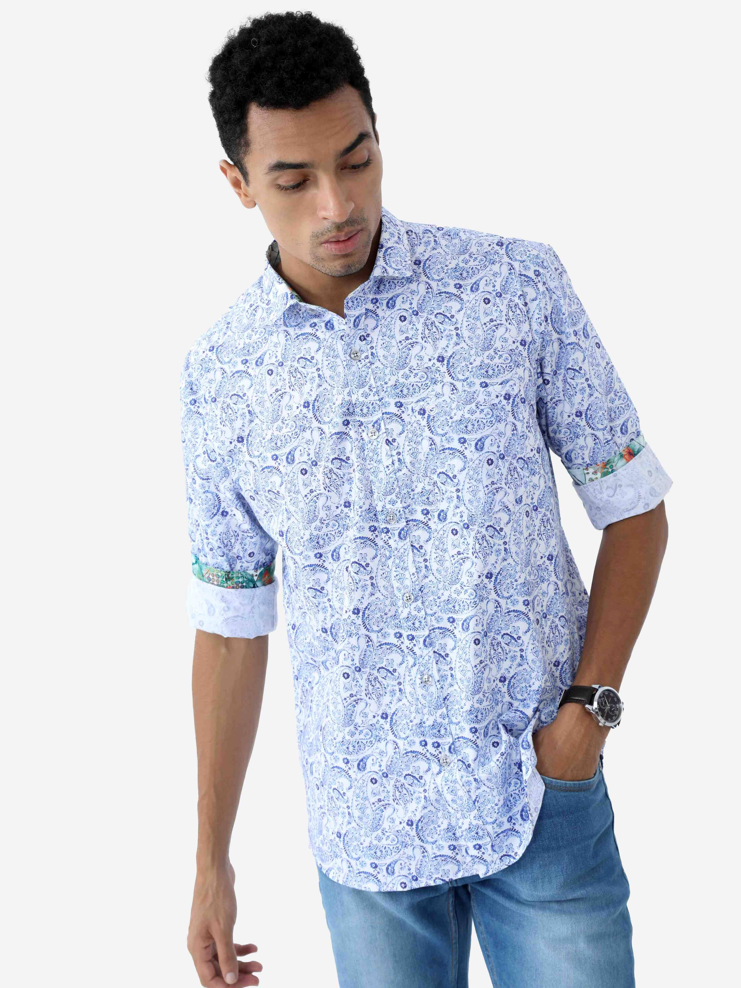 Indigo Paisley Digital Printed Full Shirt - Guniaa Fashions