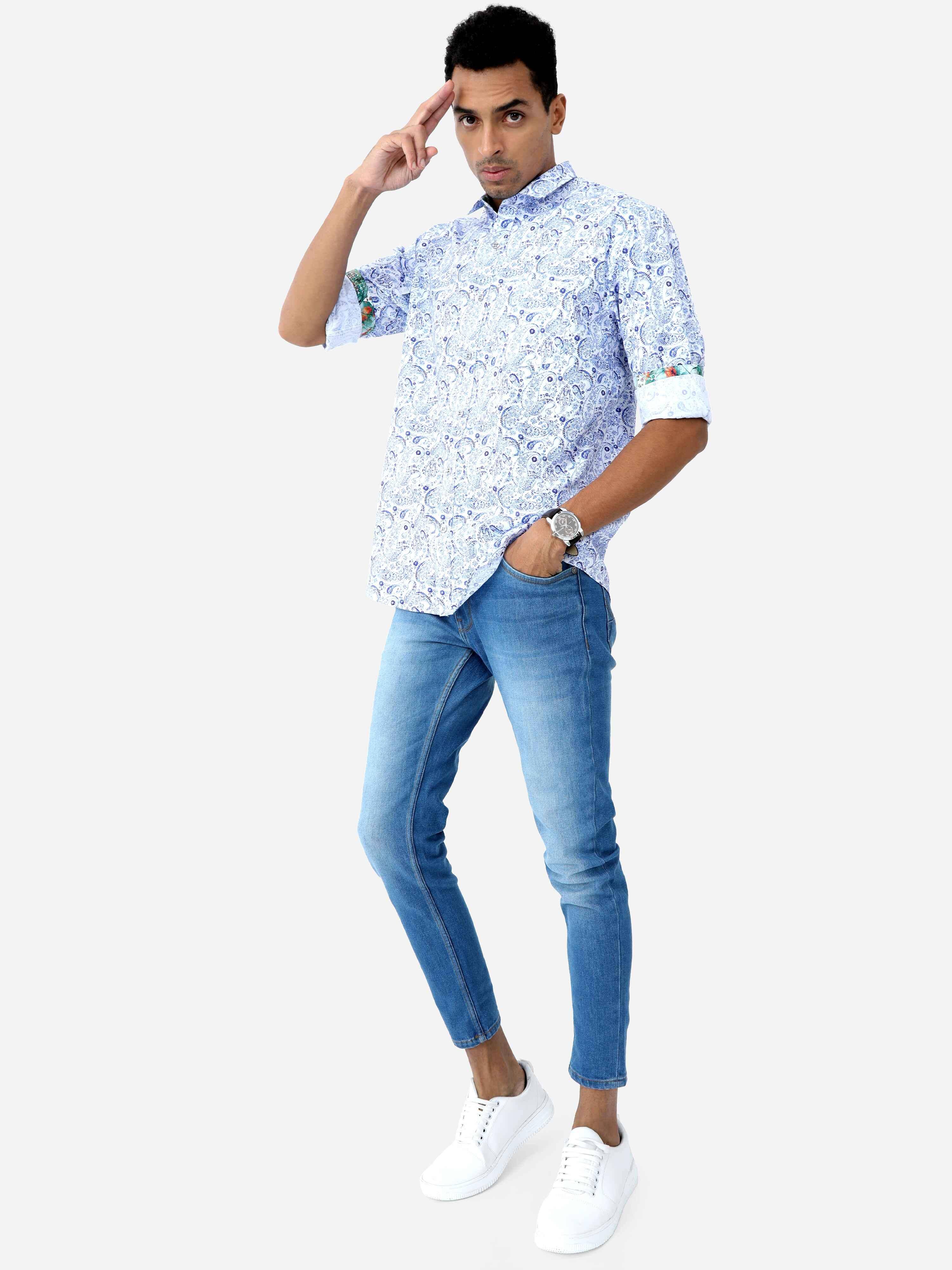 Indigo Paisley Digital Printed Full Shirt - Guniaa Fashions