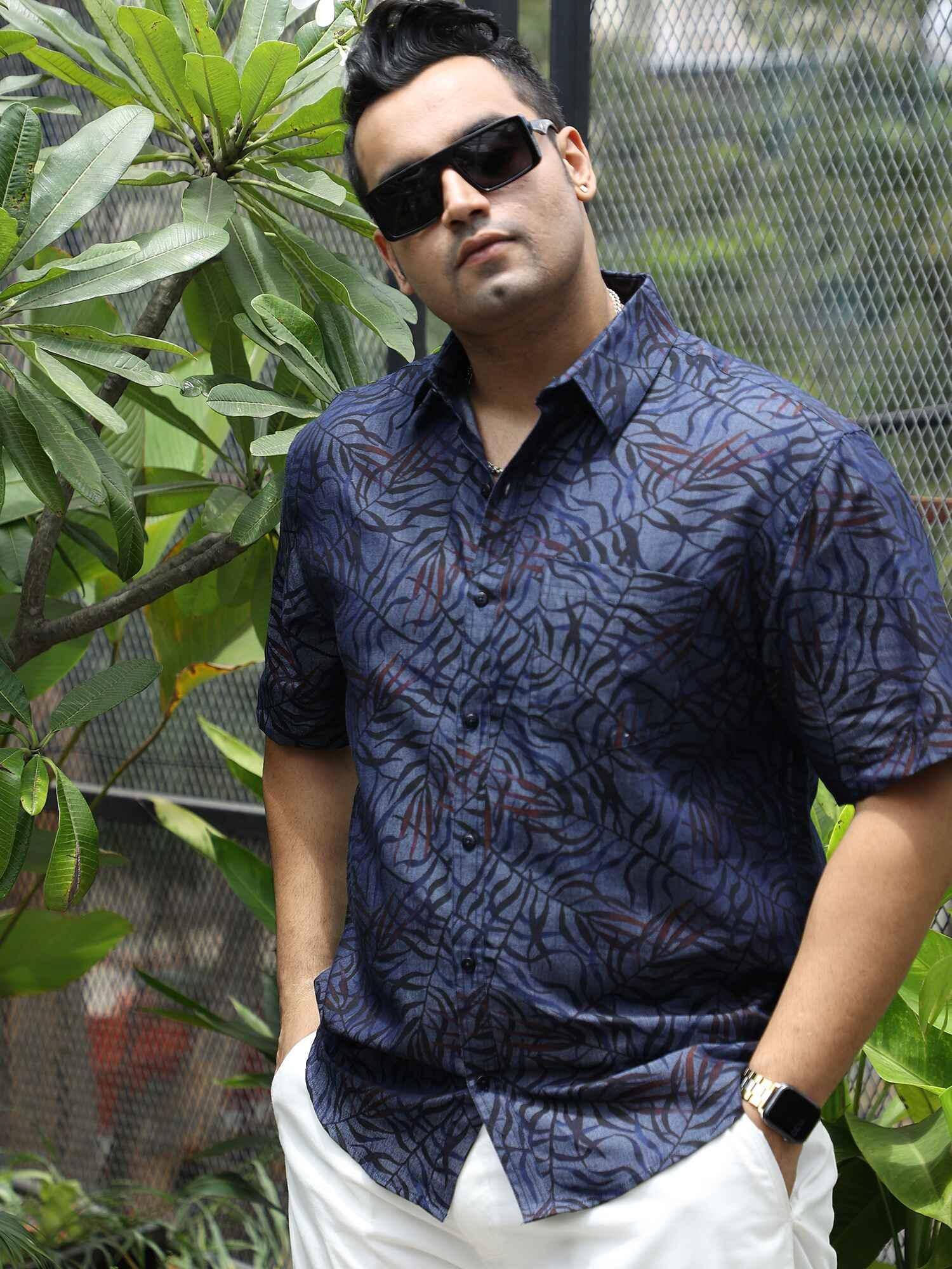 Leaf Digital Printed Denim Half Sleeve Shirt Men's Plus Size - Guniaa Fashions