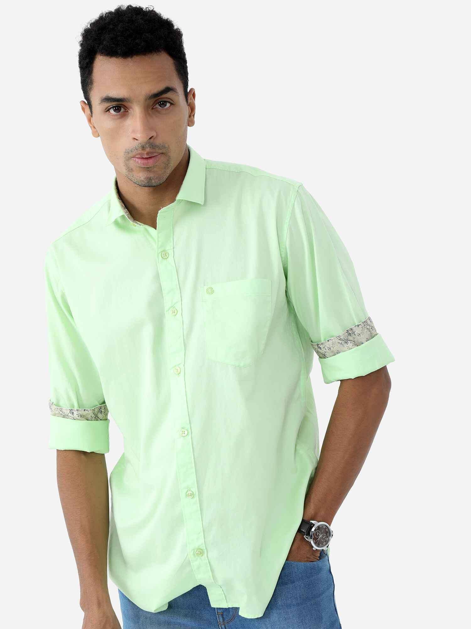 Lemon Green Solid Cotton Full Sleeve Shirt - Guniaa Fashions