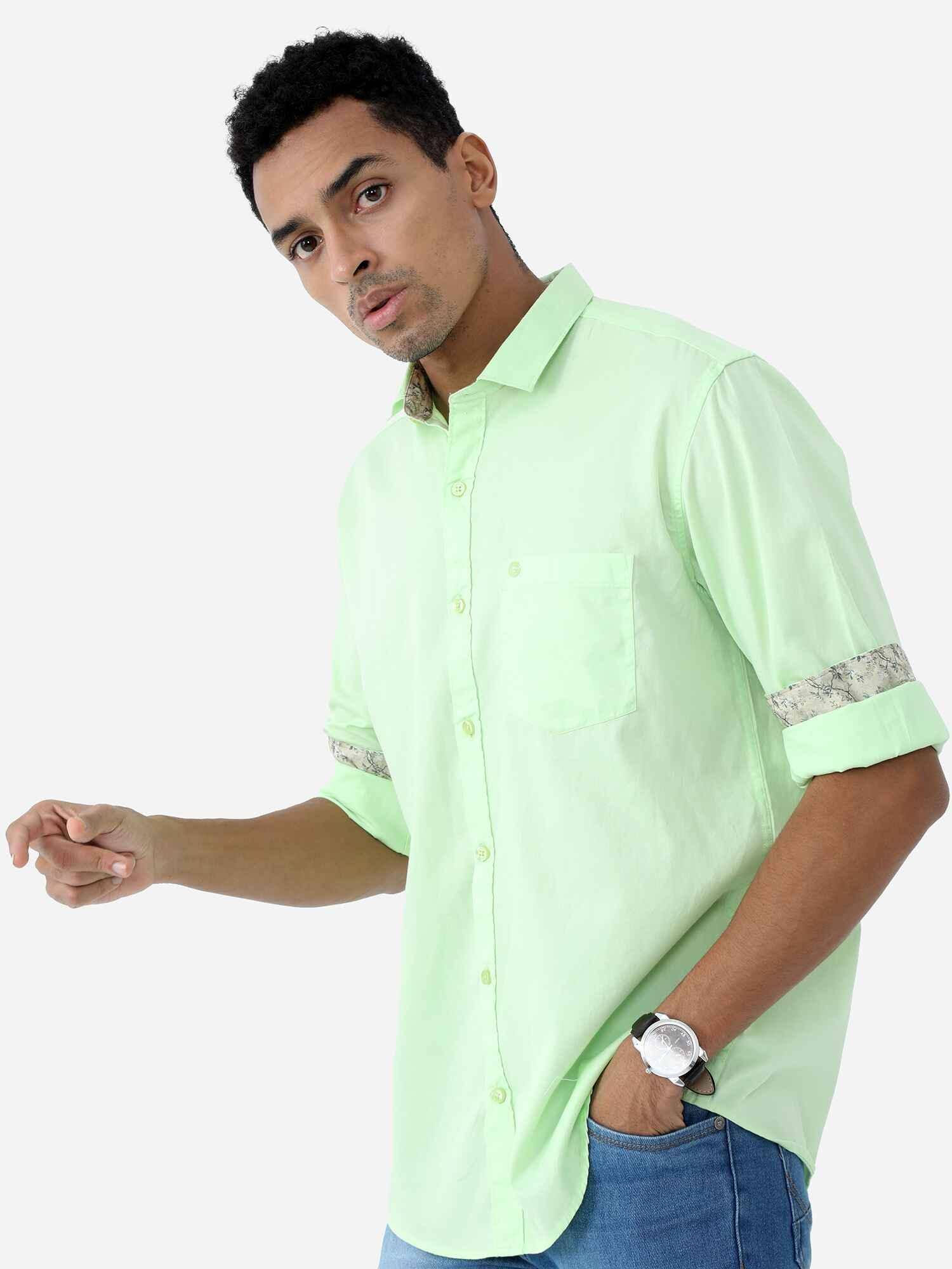 Lemon Green Solid Cotton Full Sleeve Shirt - Guniaa Fashions