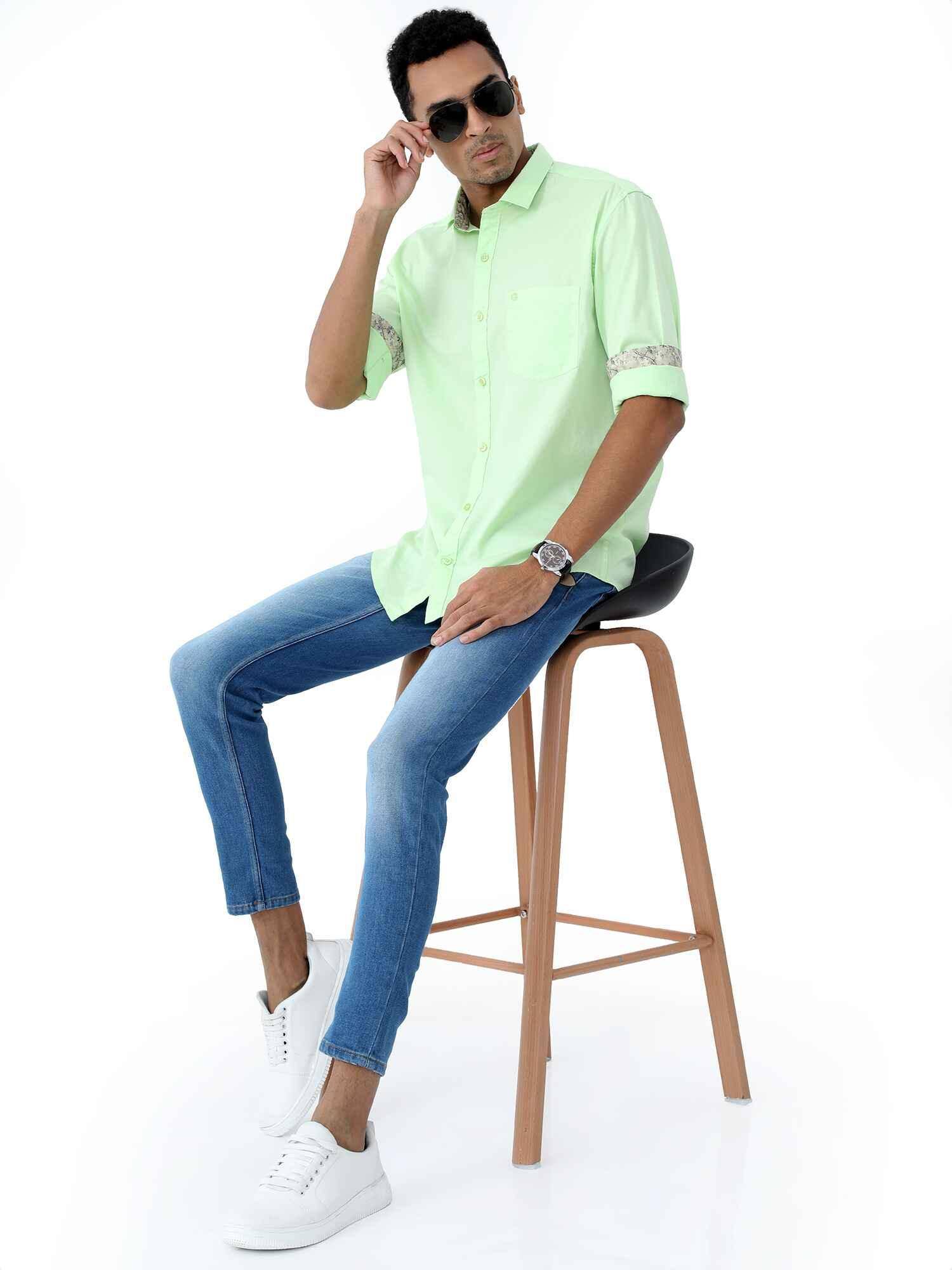 Lemon Green Solid Cotton Full Sleeve Shirt - Guniaa Fashions