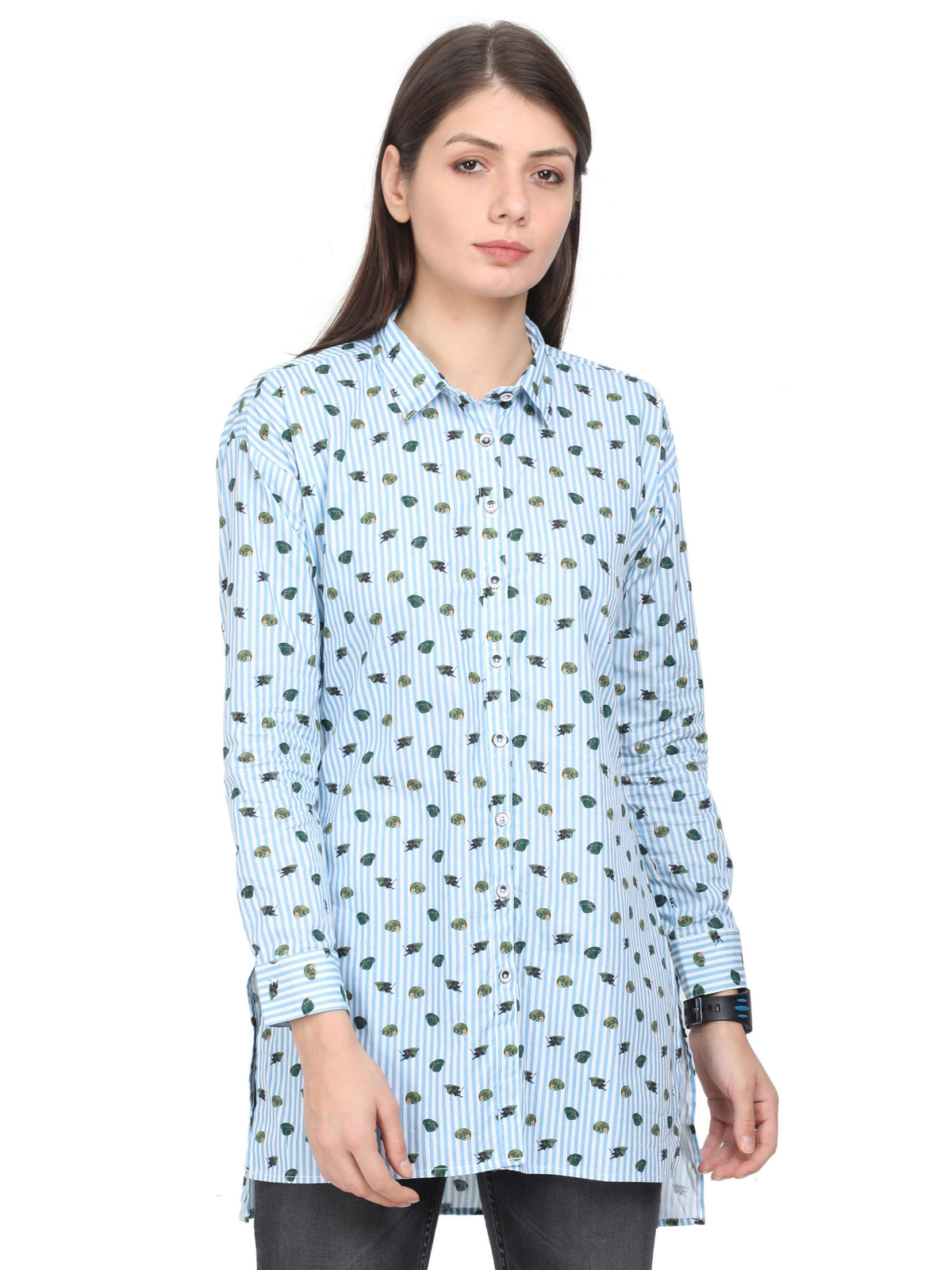 Light Blue Digital Printed Tailored Fit Long Shirt - Guniaa Fashions