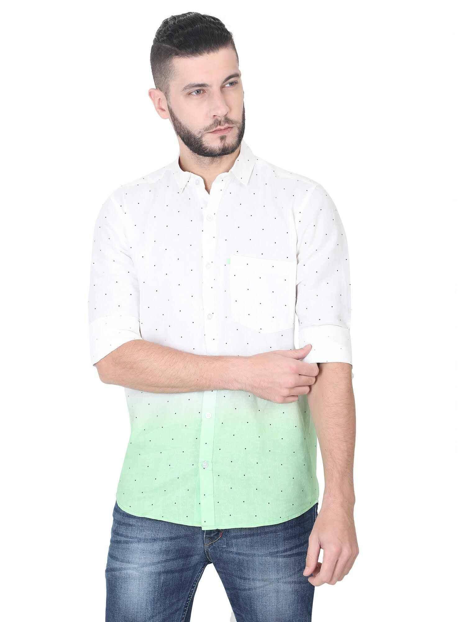 Light Green Ombre Digital Printed Linen Full Shirt - Guniaa Fashions