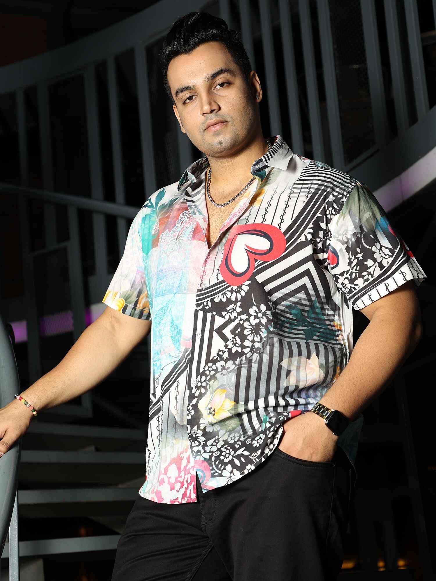 Love on Geometric Printed Party Wear Half Shirt Men's Plus Size - Guniaa Fashions