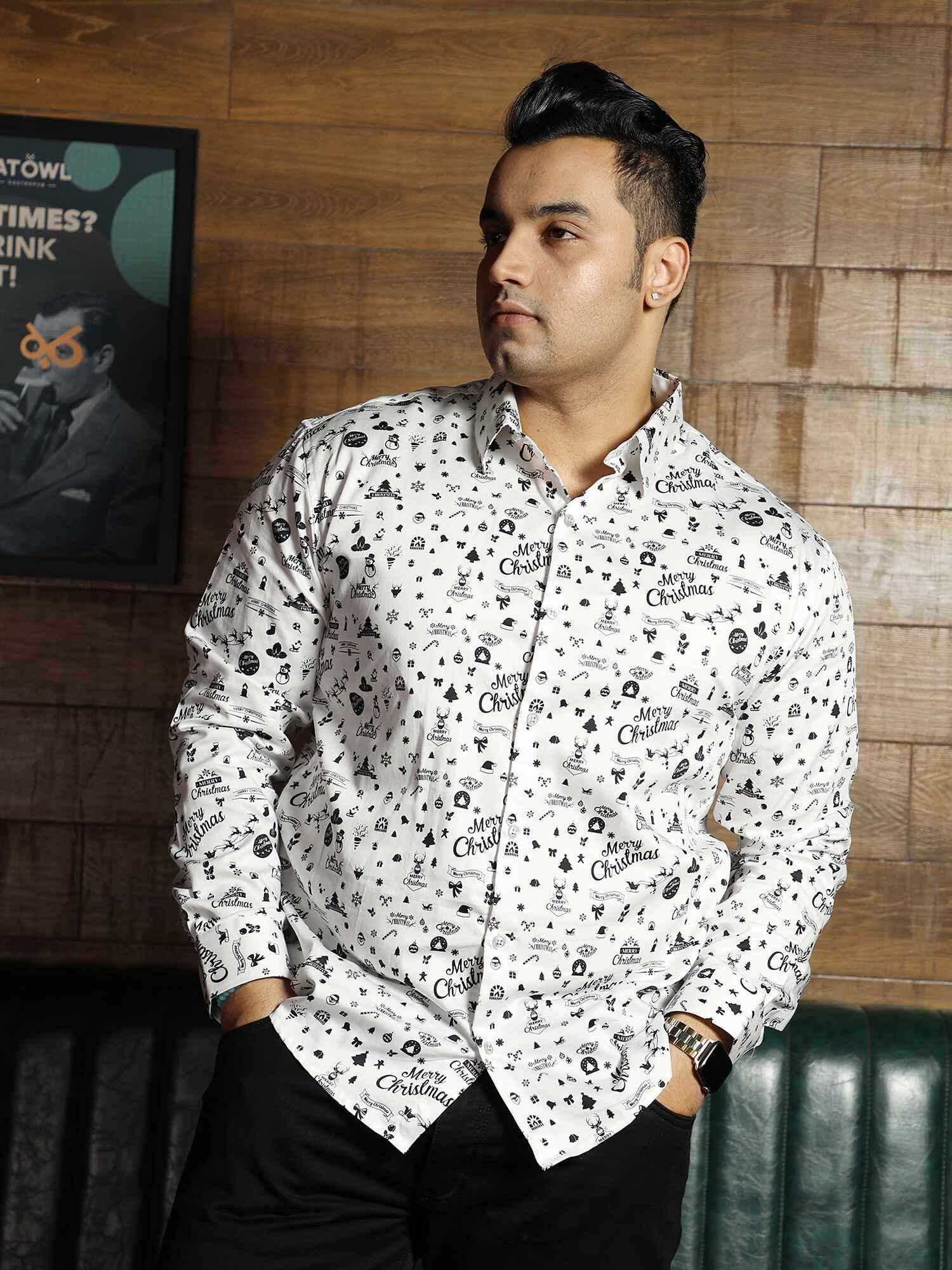 Merry Christmas Printed Cotton Full Shirt Men's Plus Size - Guniaa Fashions