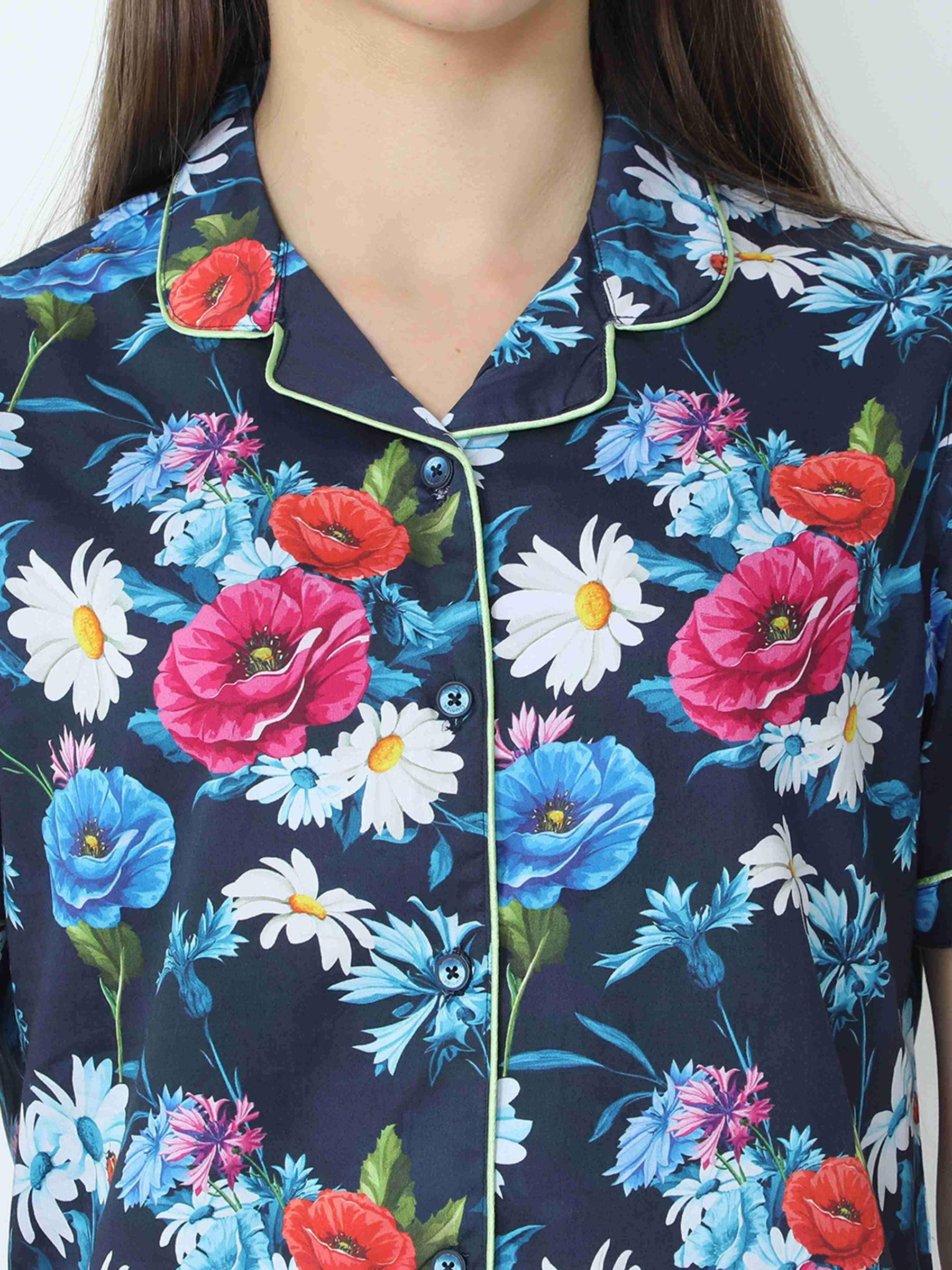 Midnight Blue Floral Digital Printed Half Sleeve Co-Ords - Guniaa Fashions