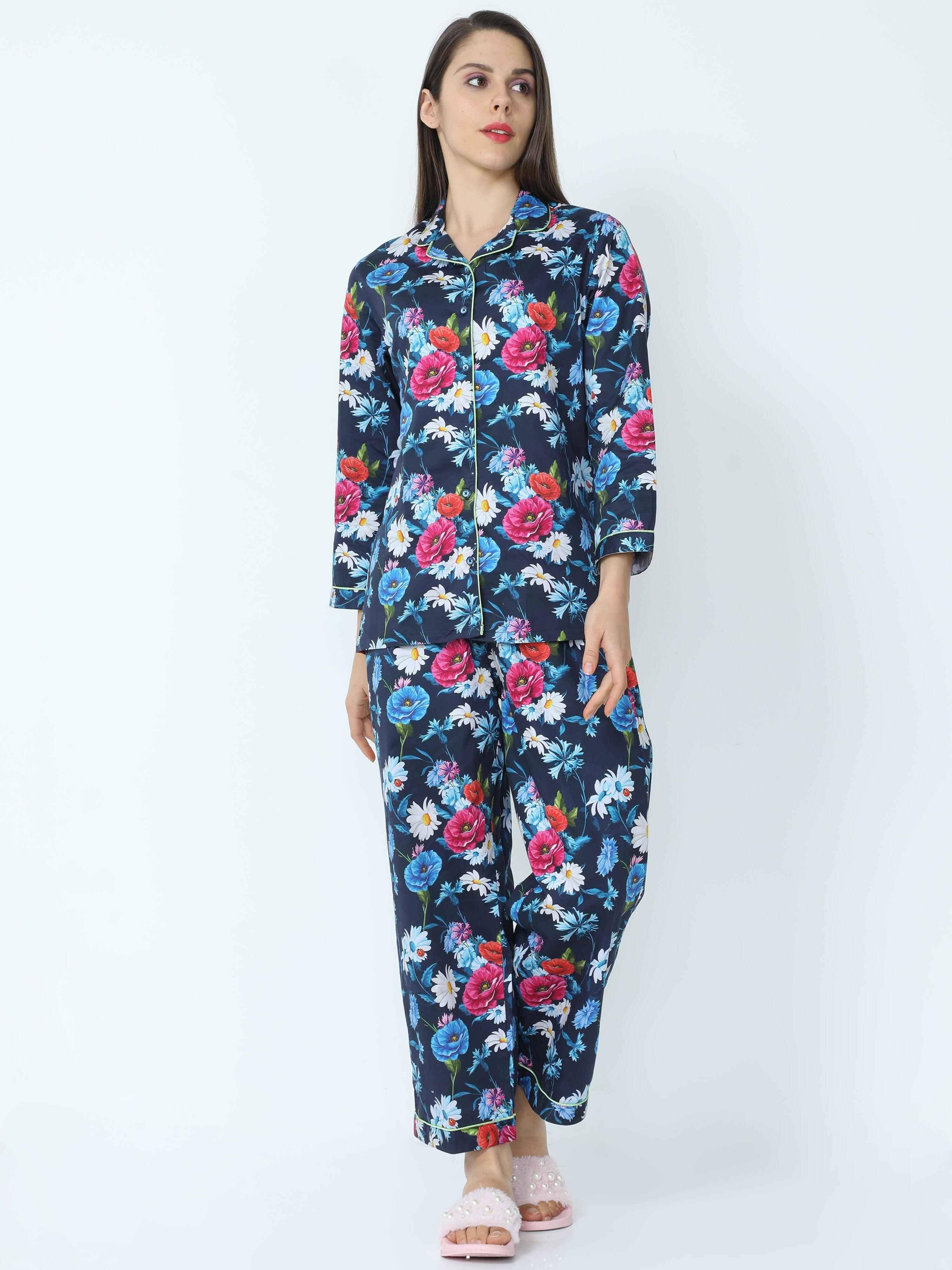 Midnight Blue Floral Printed Night Suit Set - Guniaa Fashions