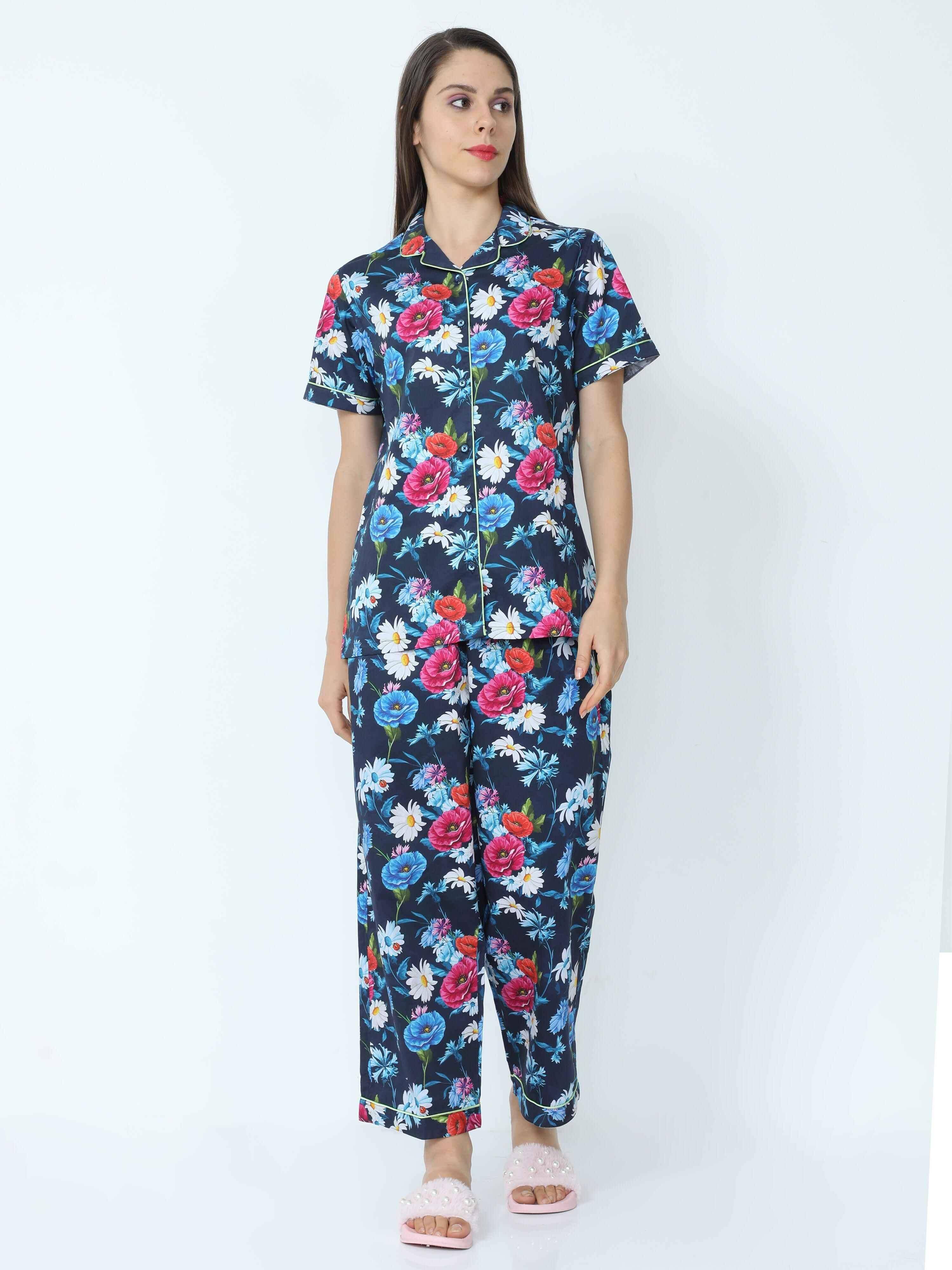 Midnight Blue Floral Printed Night Suit Set - Guniaa Fashions