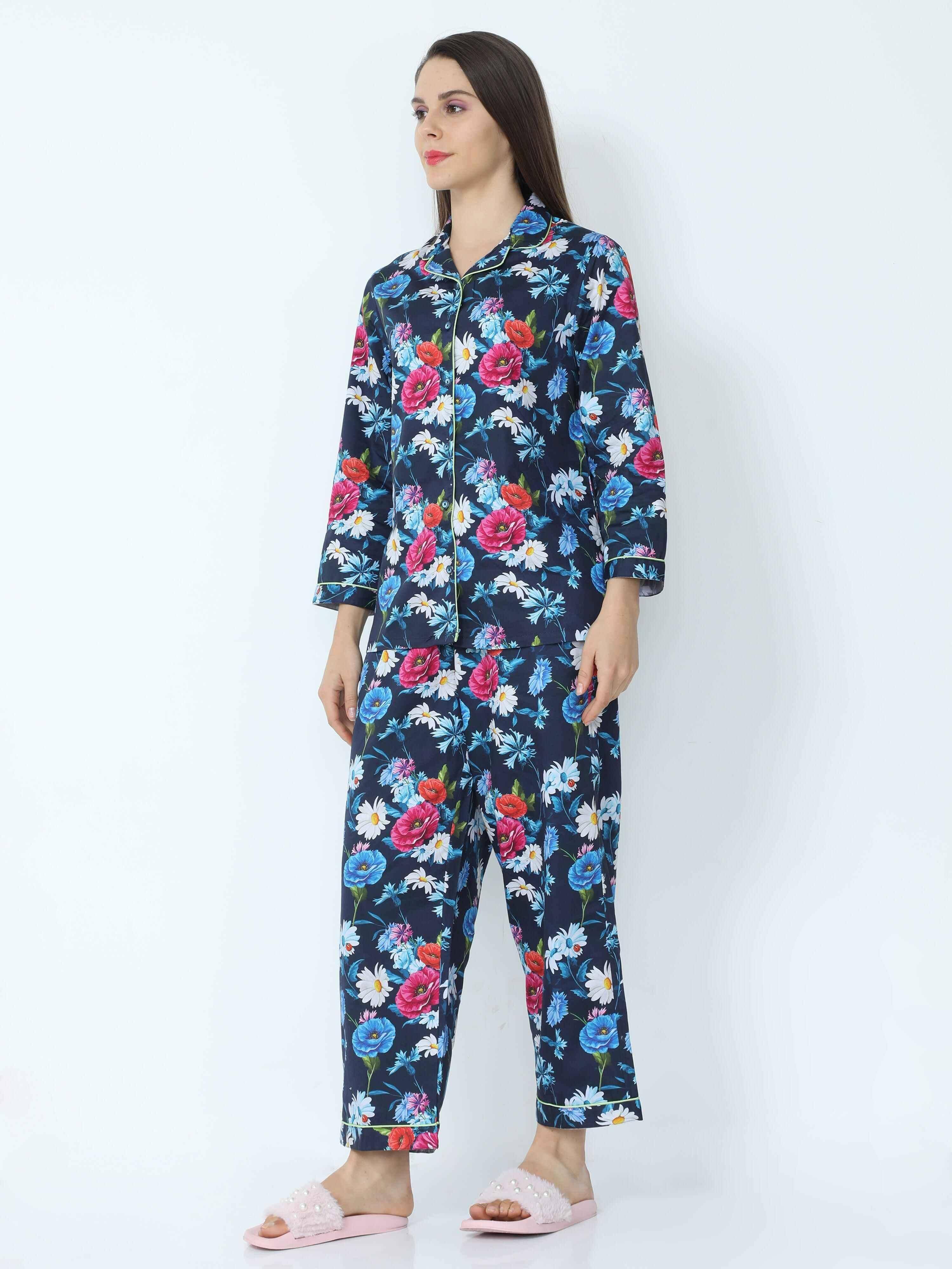 Midnight Blue Floral Printed Night Suit Set - Guniaa Fashions