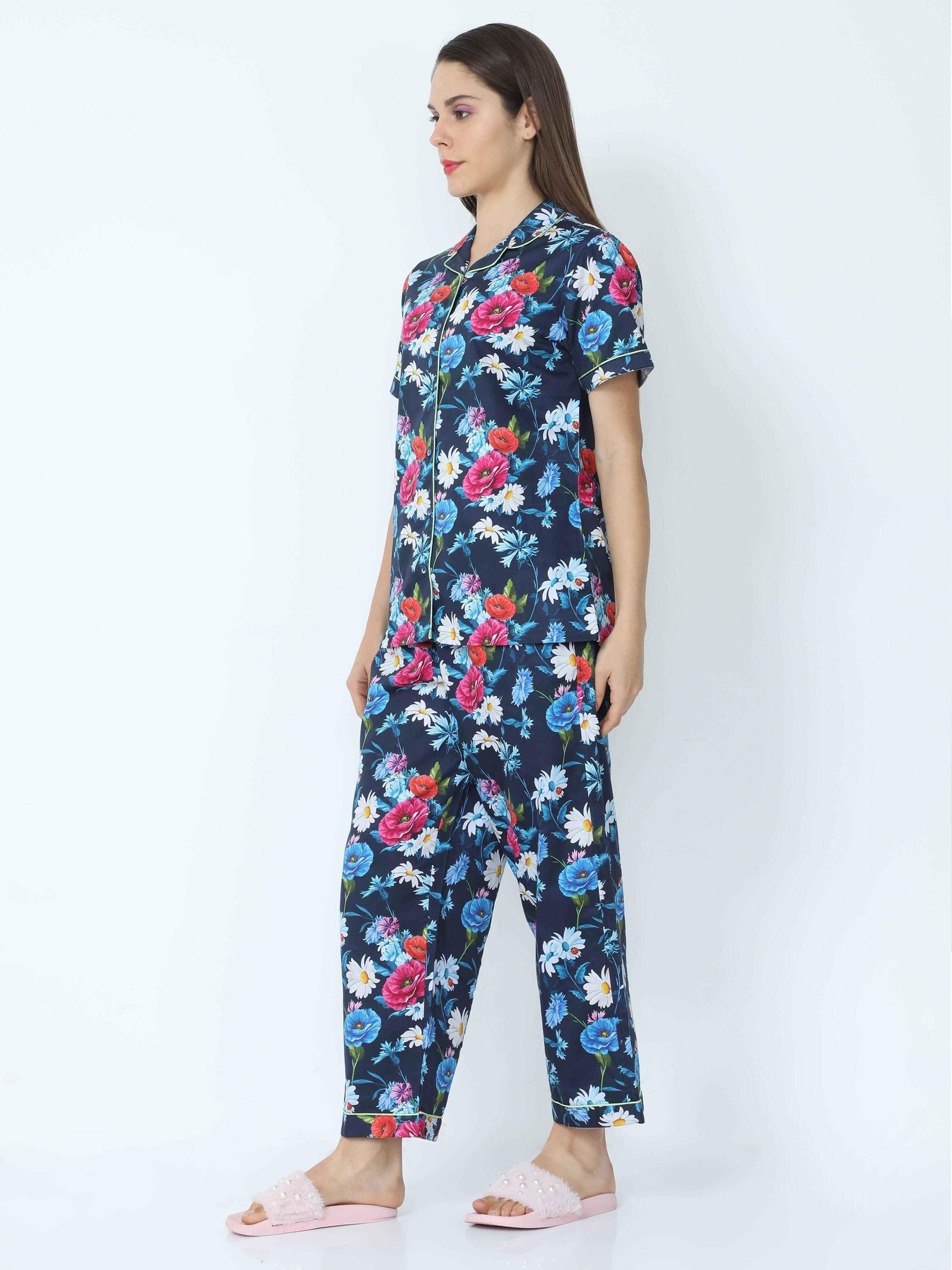 Midnight Blue Floral Printed Night Suit Set
