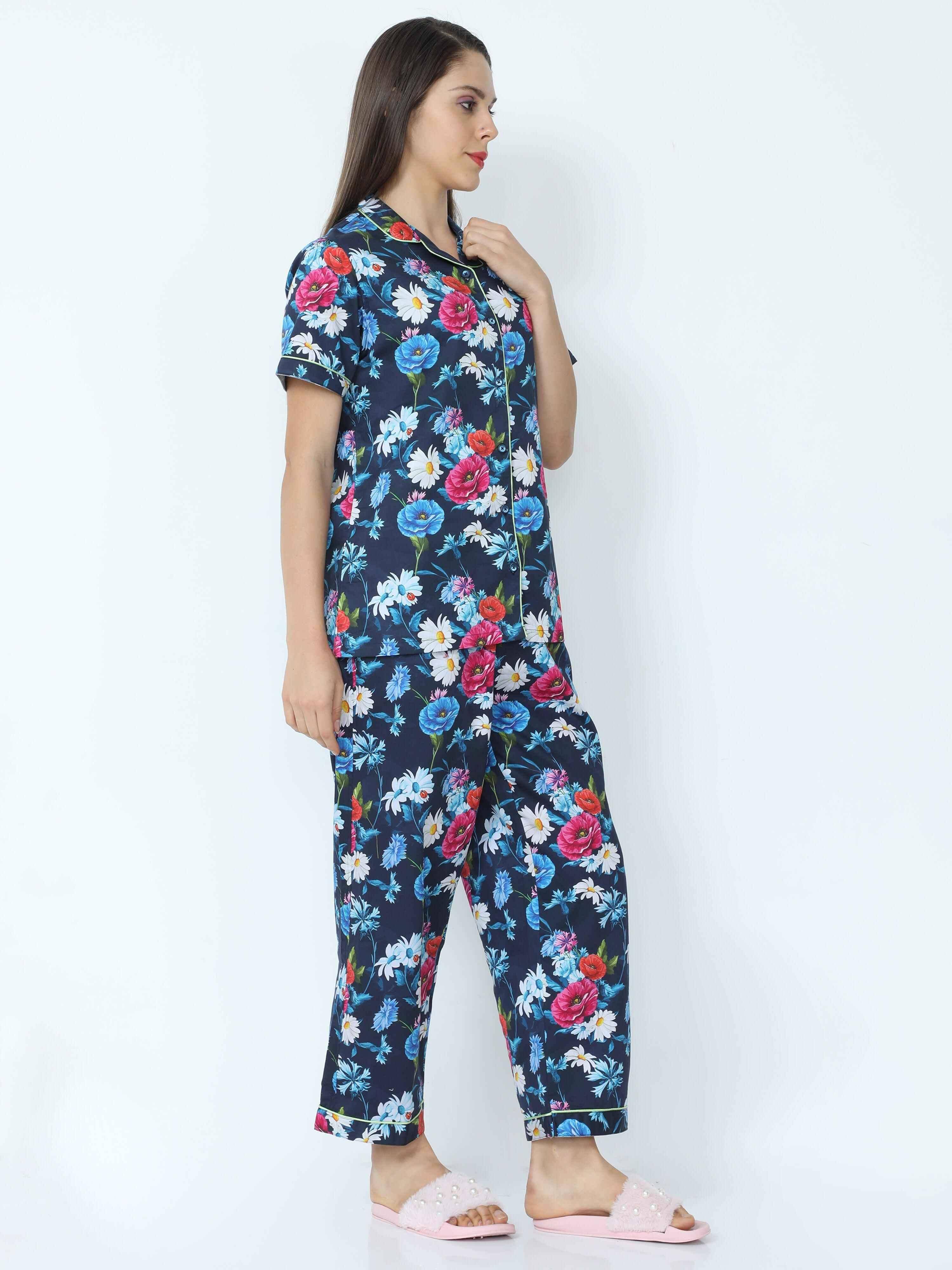 Midnight Blue Floral Printed Night Suit Set - Guniaa Fashions