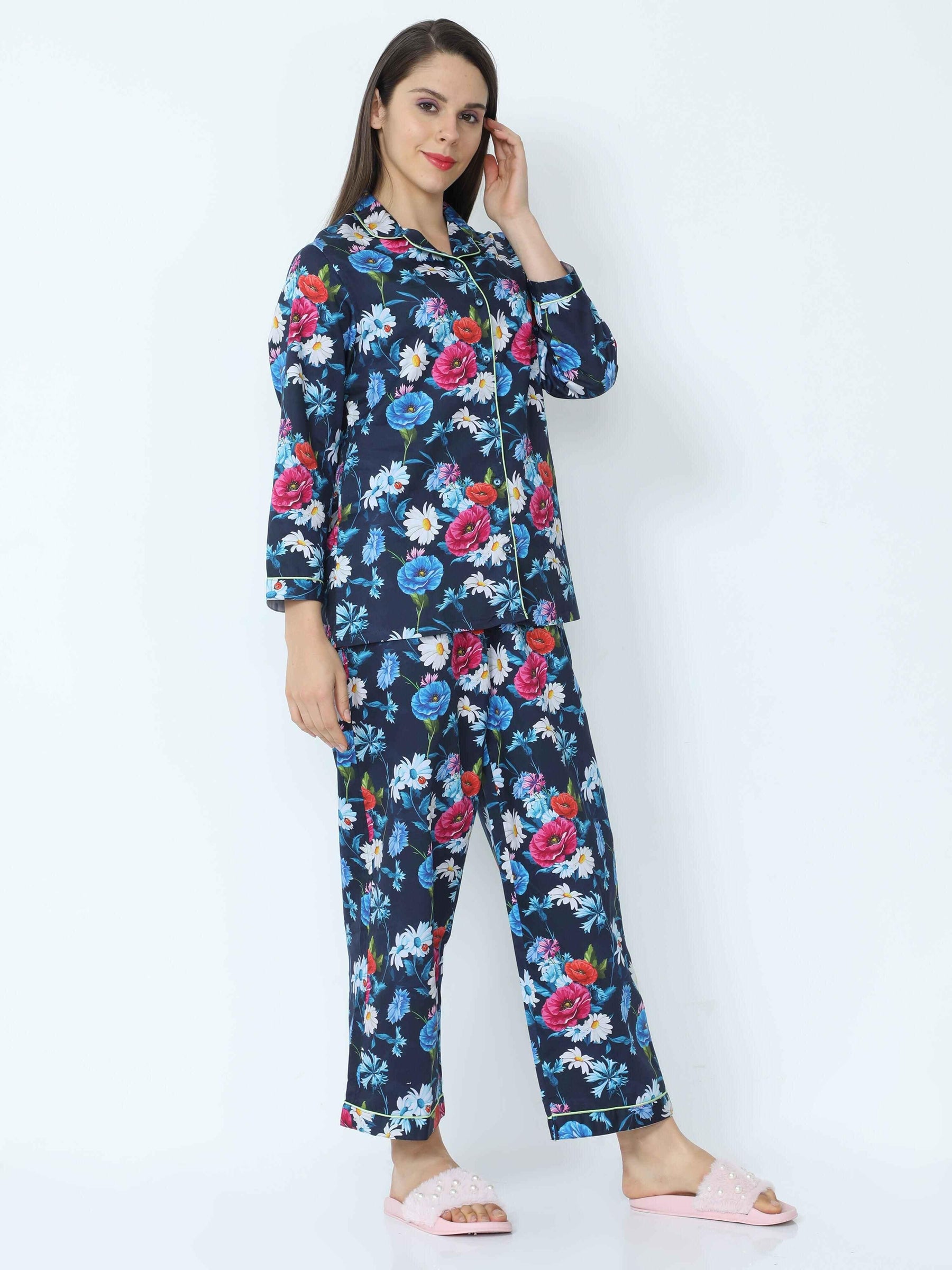 Midnight Blue Floral Printed Night Suit Set - Guniaa Fashions