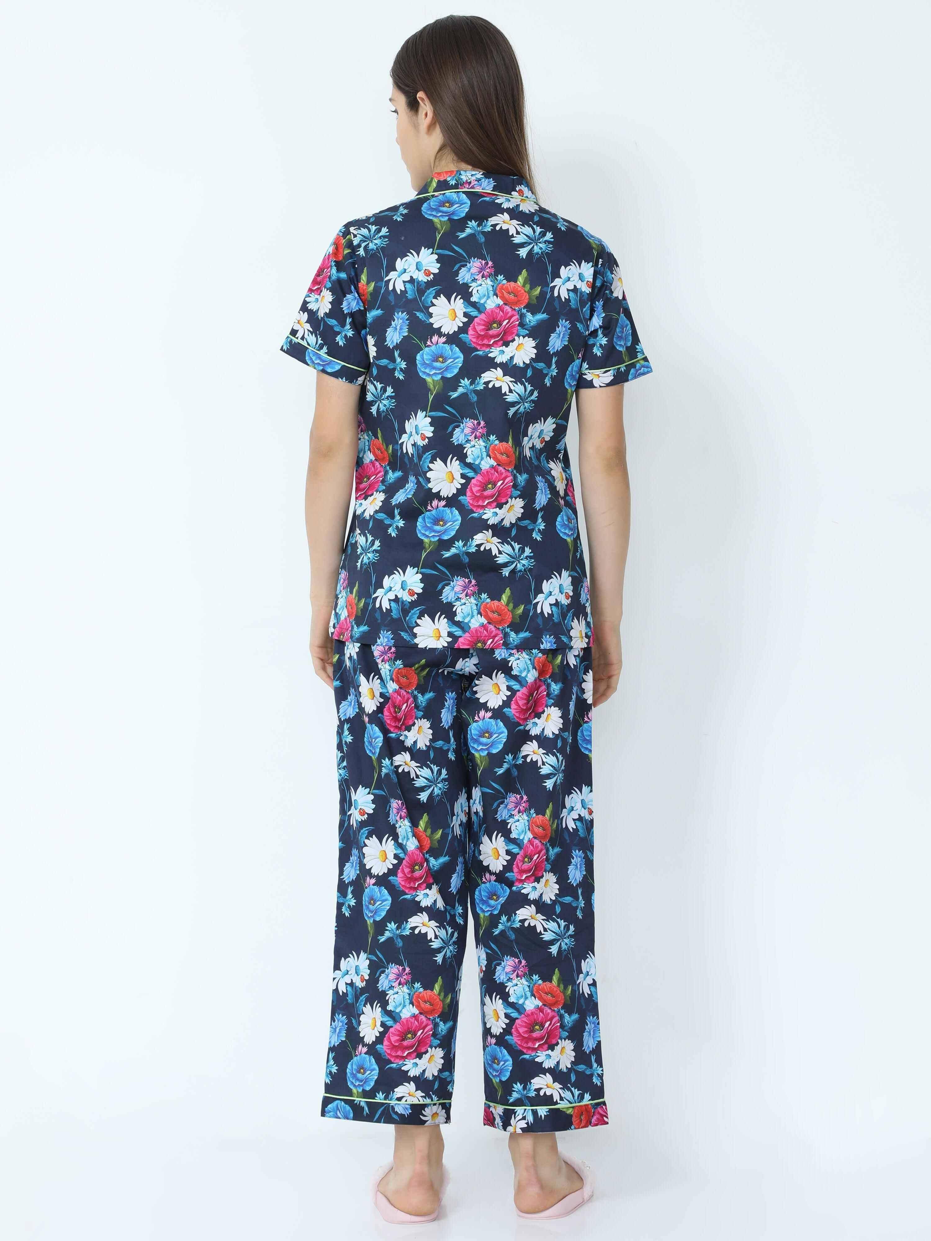 Midnight Blue Floral Printed Night Suit Set - Guniaa Fashions