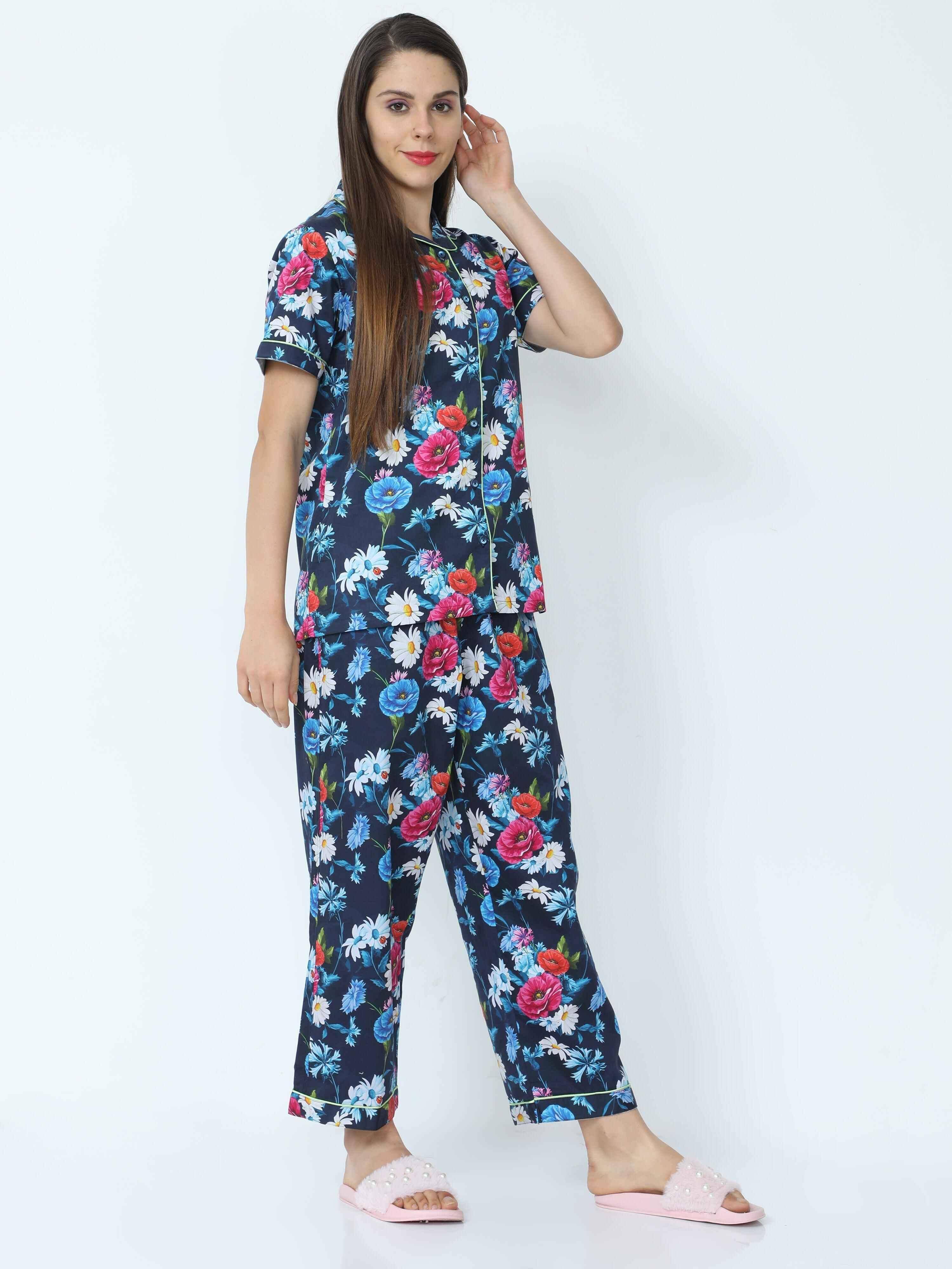 Midnight Blue Floral Printed Night Suit Set - Guniaa Fashions