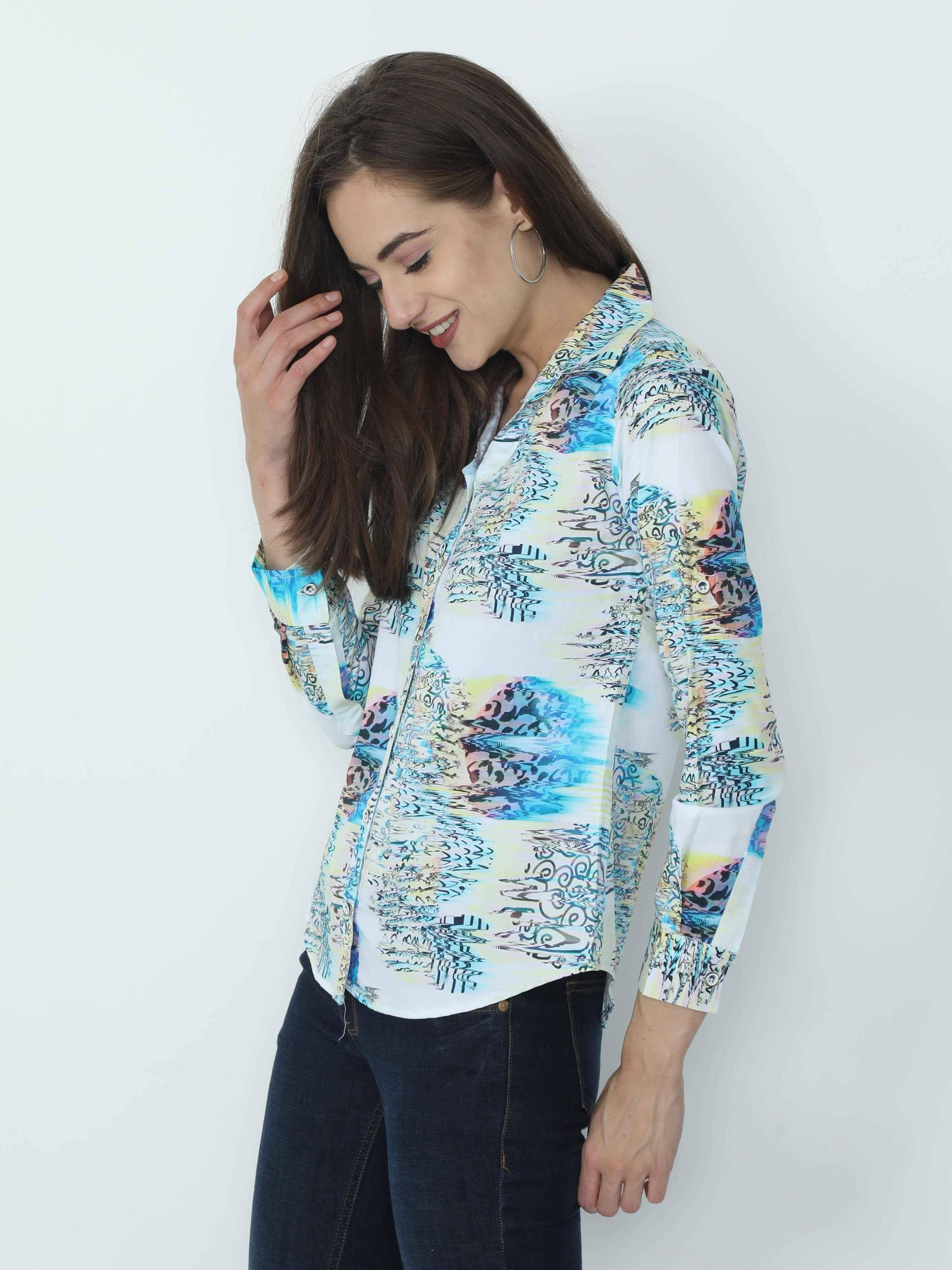 Multi Colour White Digital Printed Tailored Fit Shirt - Guniaa Fashions