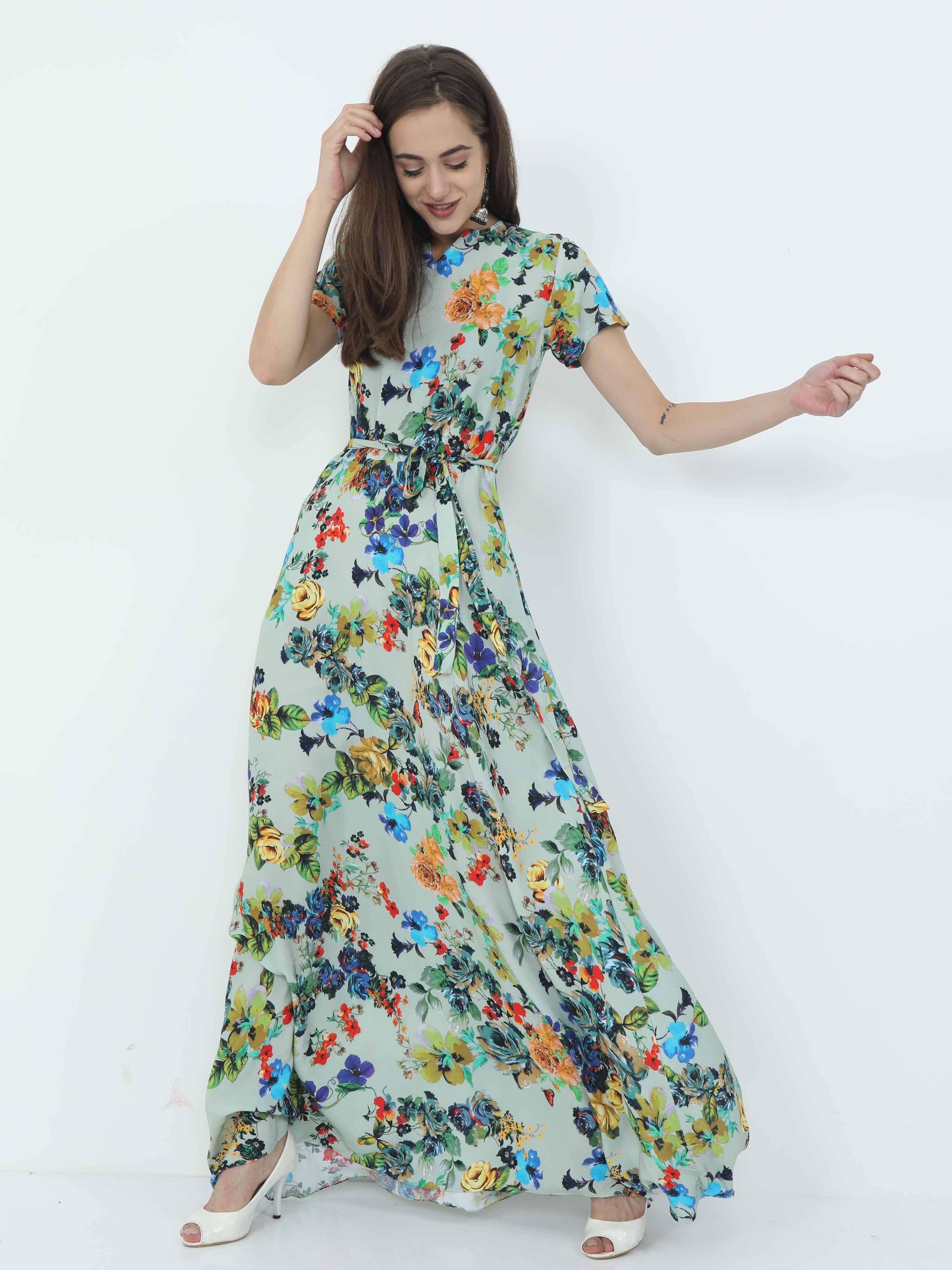 Multicolored Digital Print Fit & Flare Maxi Dress - Guniaa Fashions