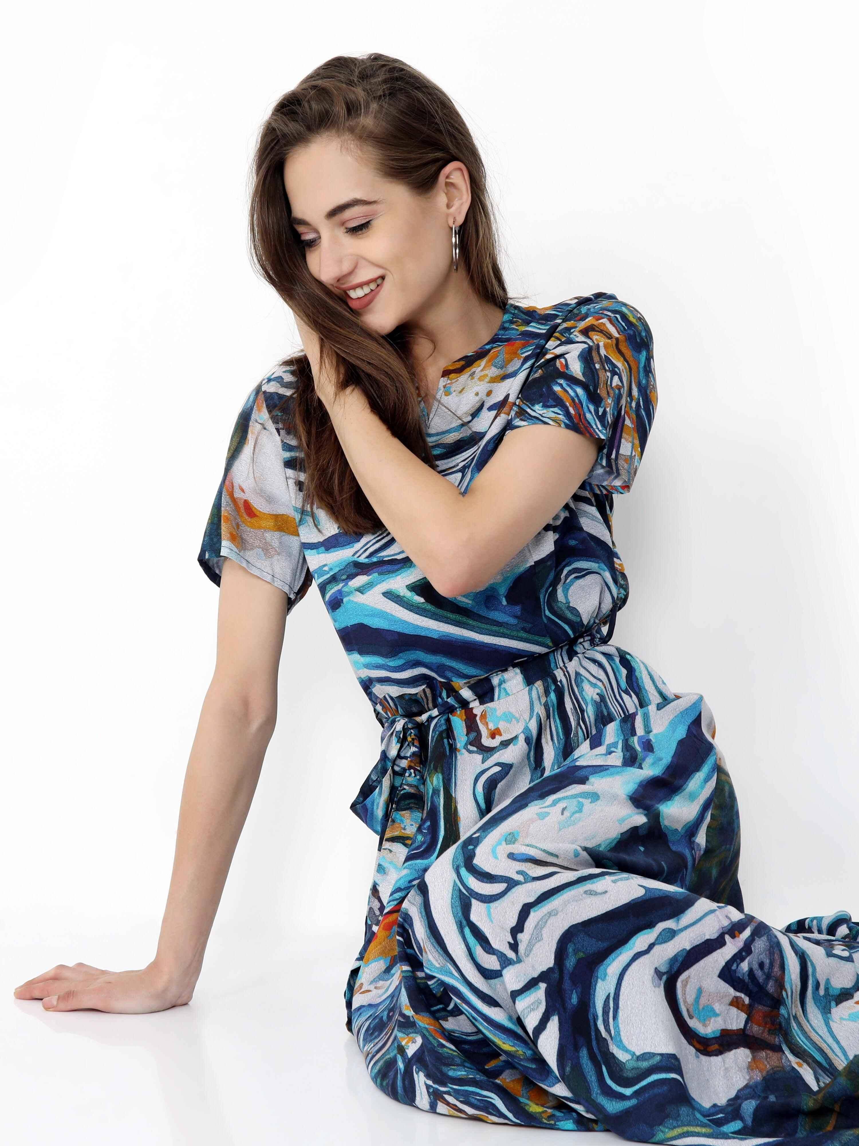 Multicolored Digital Print Fit & Flare Maxi Dress - Guniaa Fashions