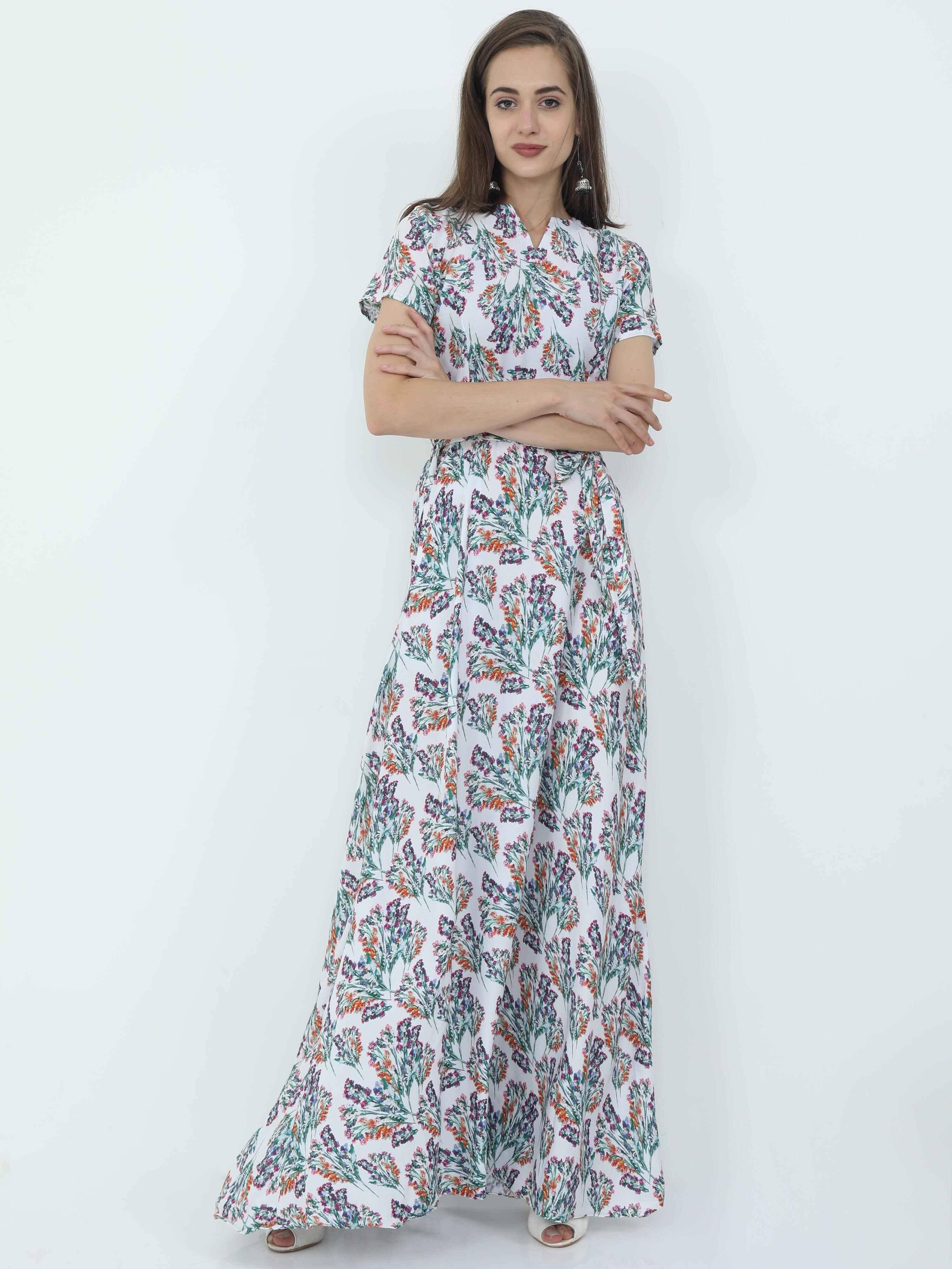 Multicolored Digital Print Fit & Flare Maxi Dress - Guniaa Fashions