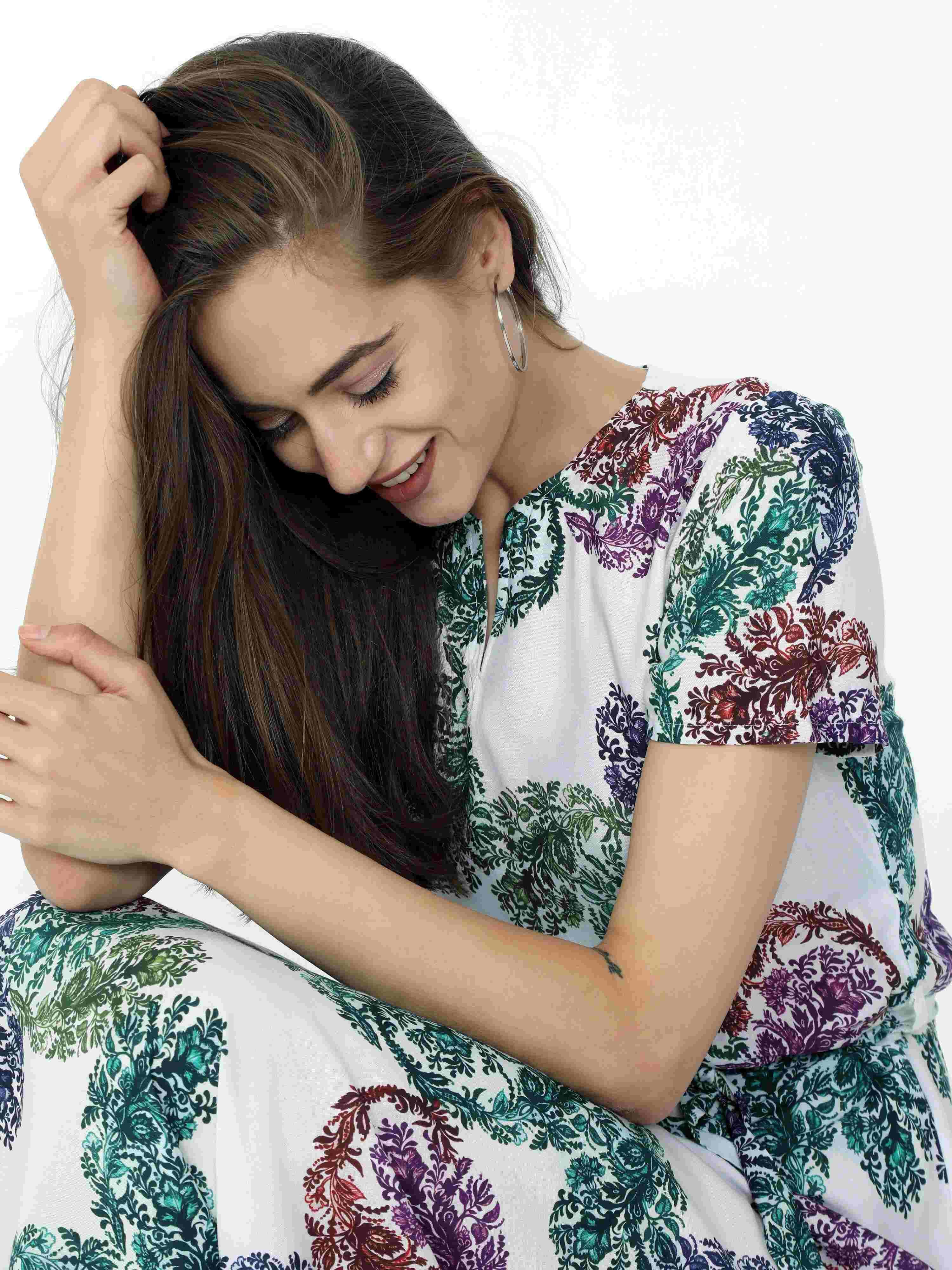 Multicolored Digital Print Fit & Flare Maxi Dress - Guniaa Fashions