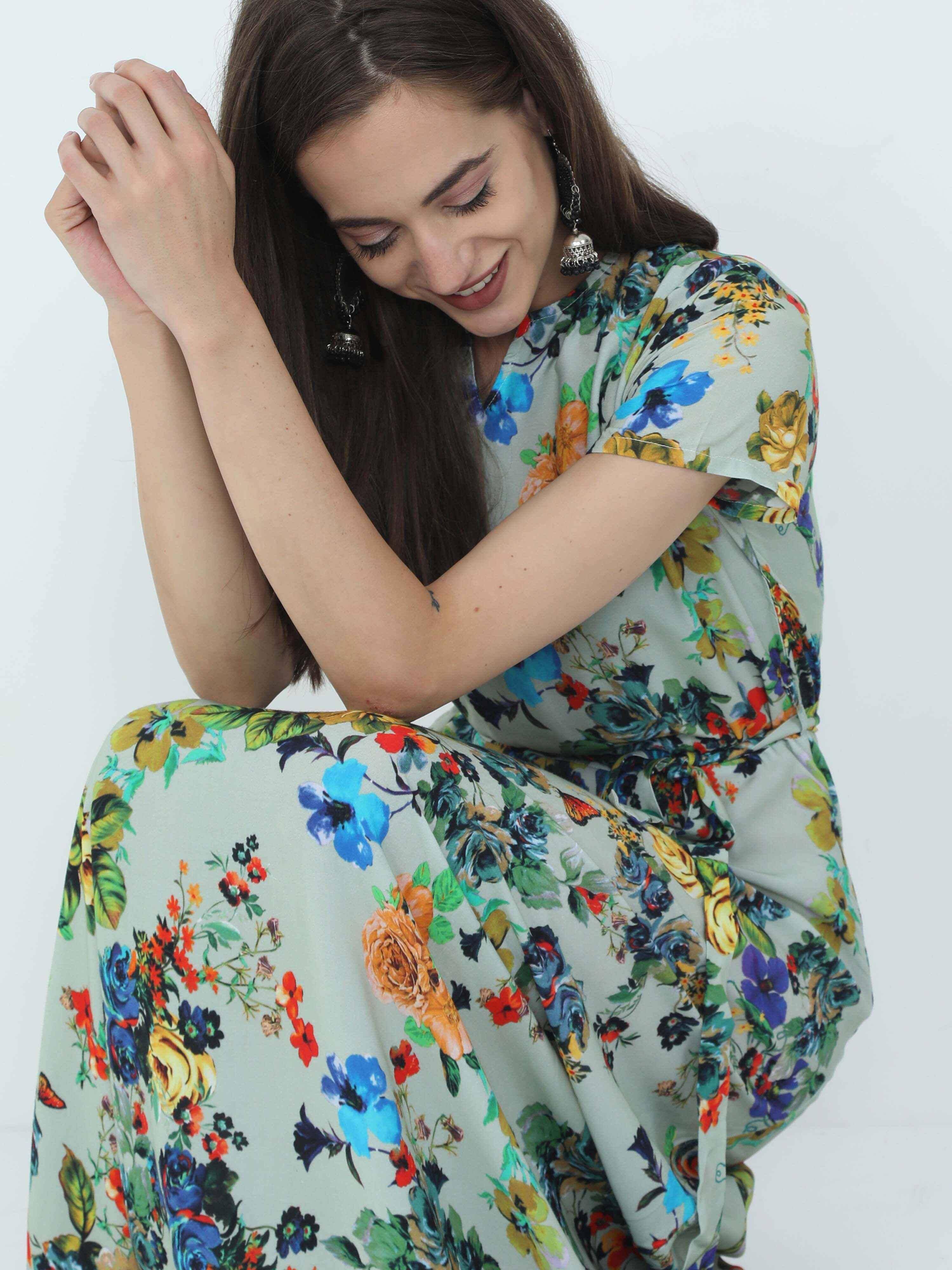 Multicolored Digital Print Fit & Flare Maxi Dress - Guniaa Fashions