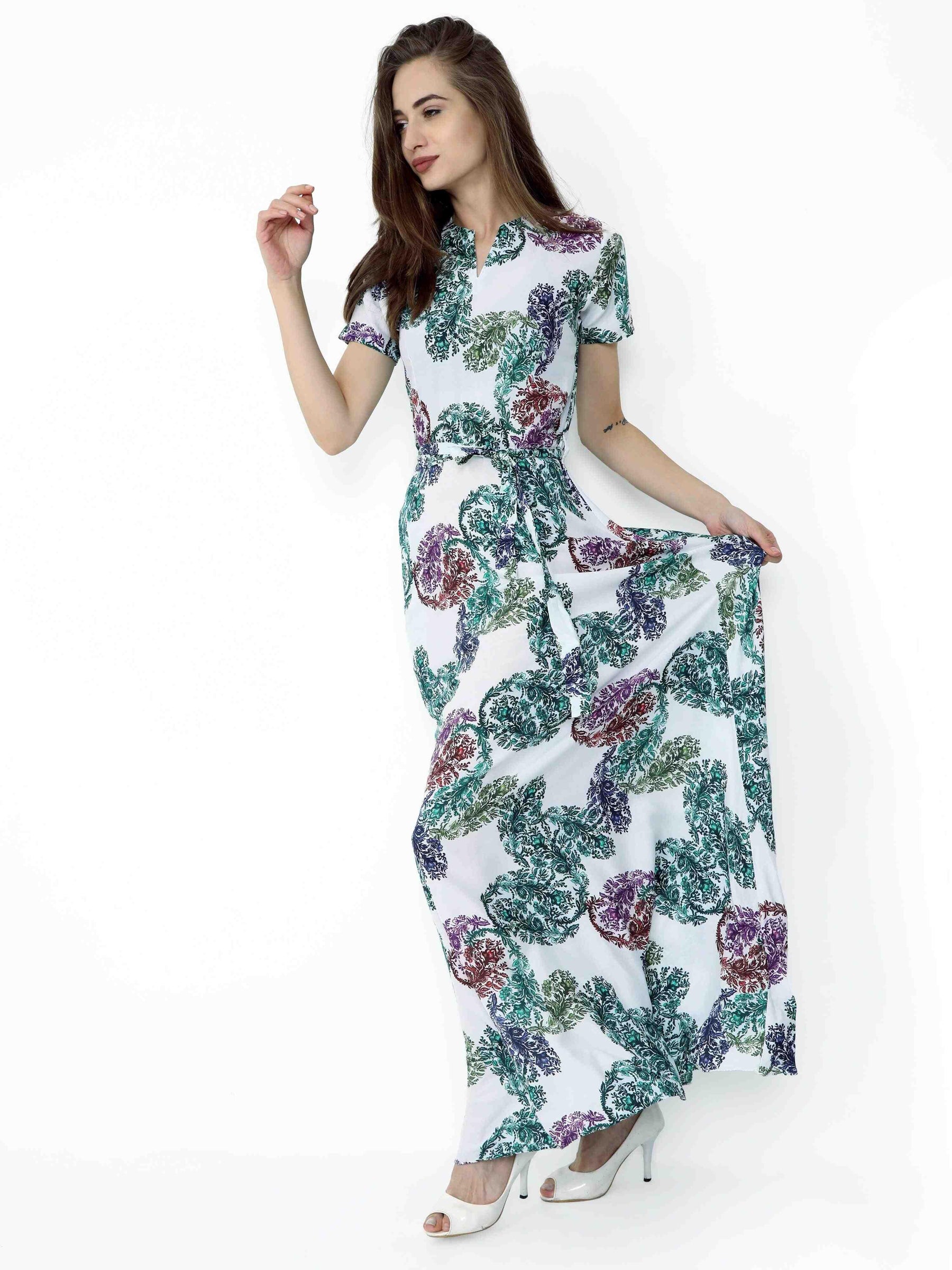 Multicolored Digital Print Fit & Flare Maxi Dress - Guniaa Fashions
