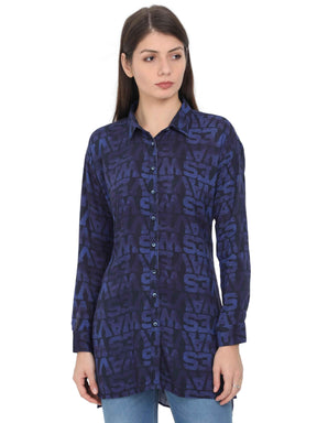 Navy Blue Digital Floral Printed Tailored Fit Long Shirt - Guniaa Fashions