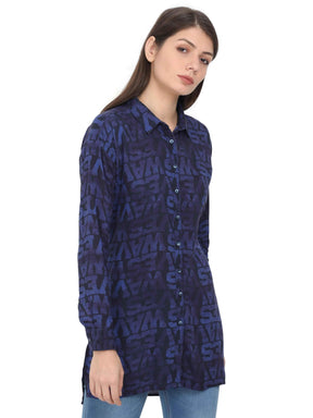 Navy Blue Digital Floral Printed Tailored Fit Long Shirt - Guniaa Fashions