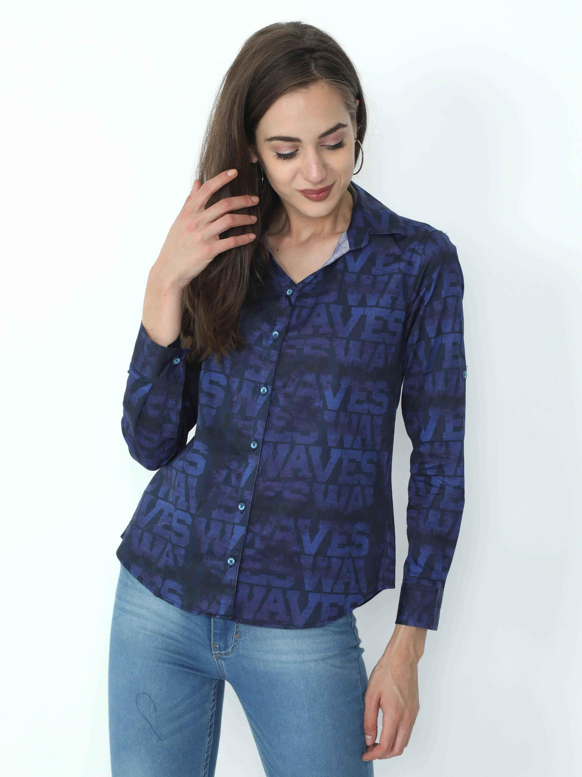 Navy Blue Digital Printed Tailored Fit Shirt - Guniaa Fashions