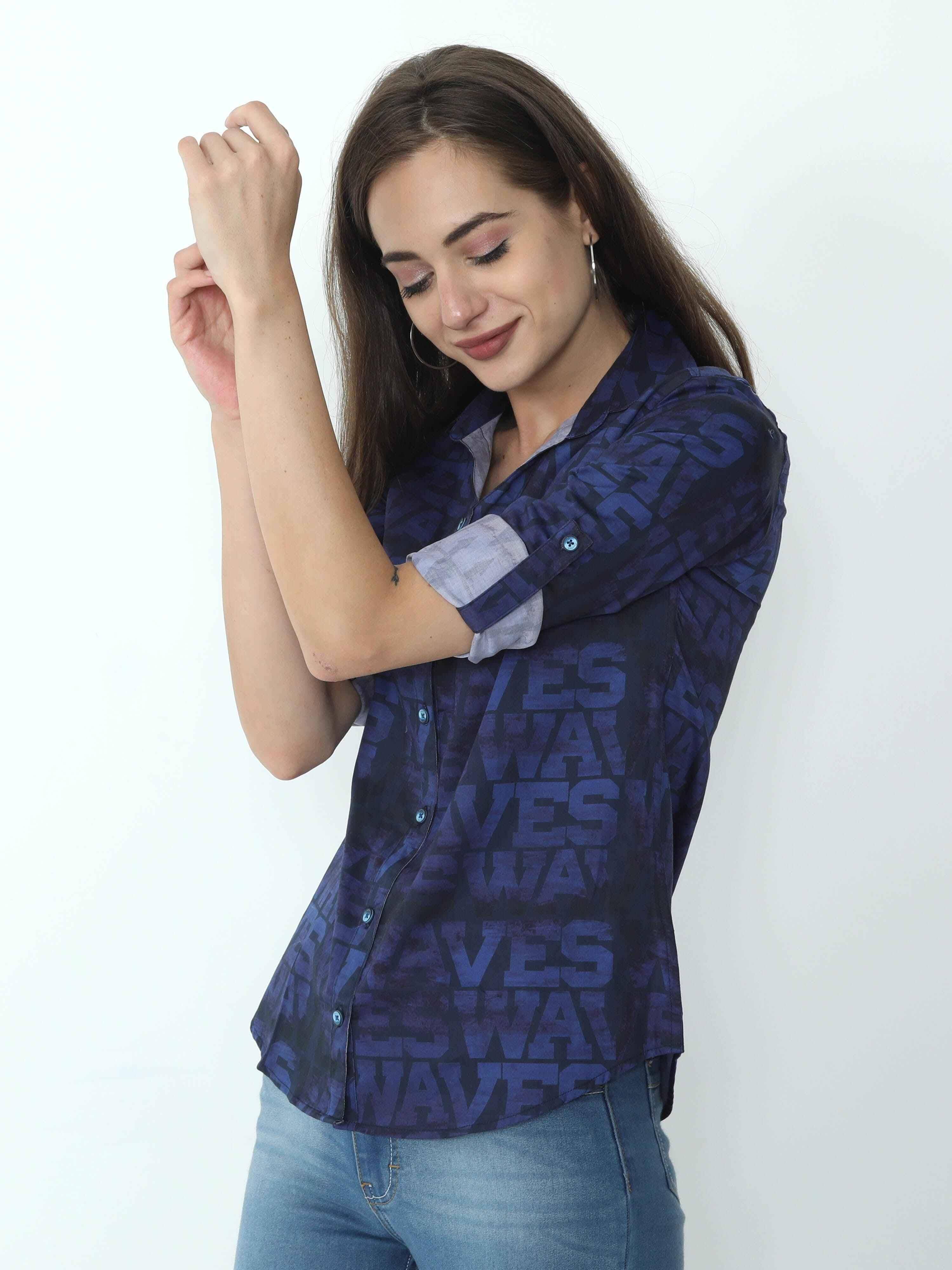 Navy Blue Digital Printed Tailored Fit Shirt - Guniaa Fashions