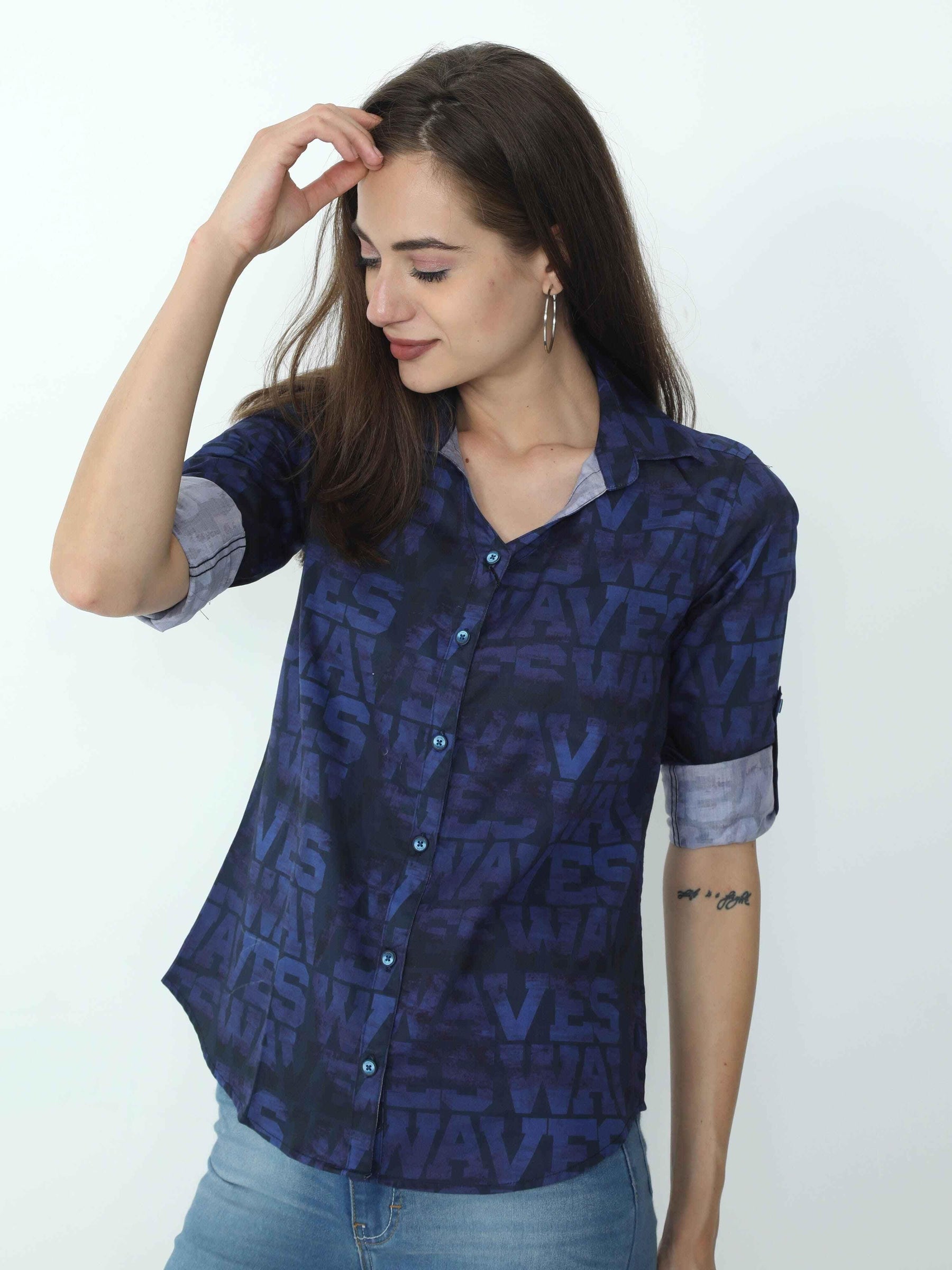 Navy Blue Digital Printed Tailored Fit Shirt - Guniaa Fashions