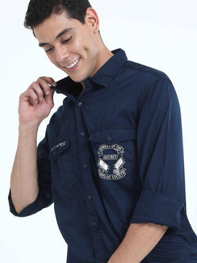 Navy Blue Double Pocket Full Sleeve Shirt - Guniaa Fashions